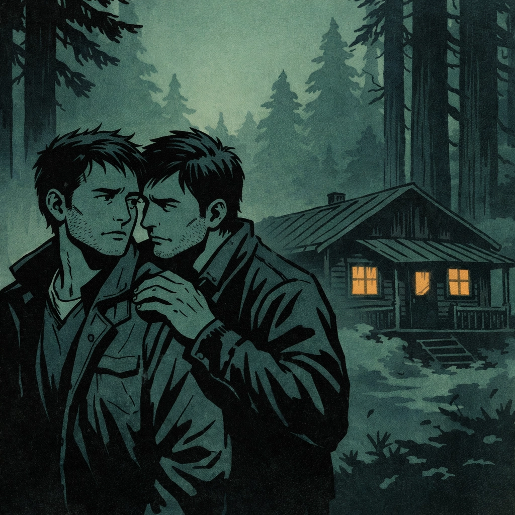Two men at isolated Redwood Creek cabin in psychological thriller setting