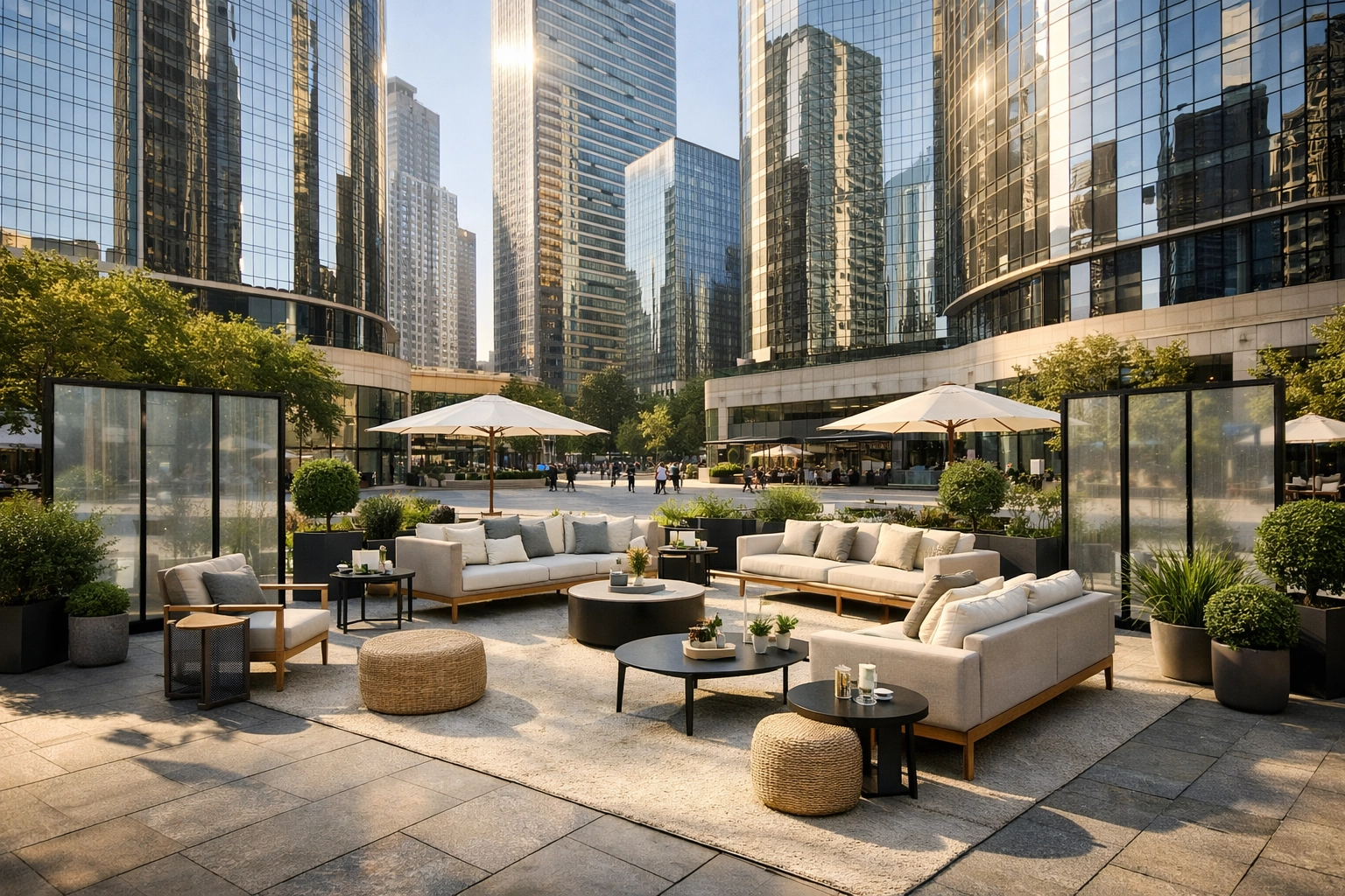 Elegant corporate hospitality lounge in a city plaza for premium Super Bowl networking events.