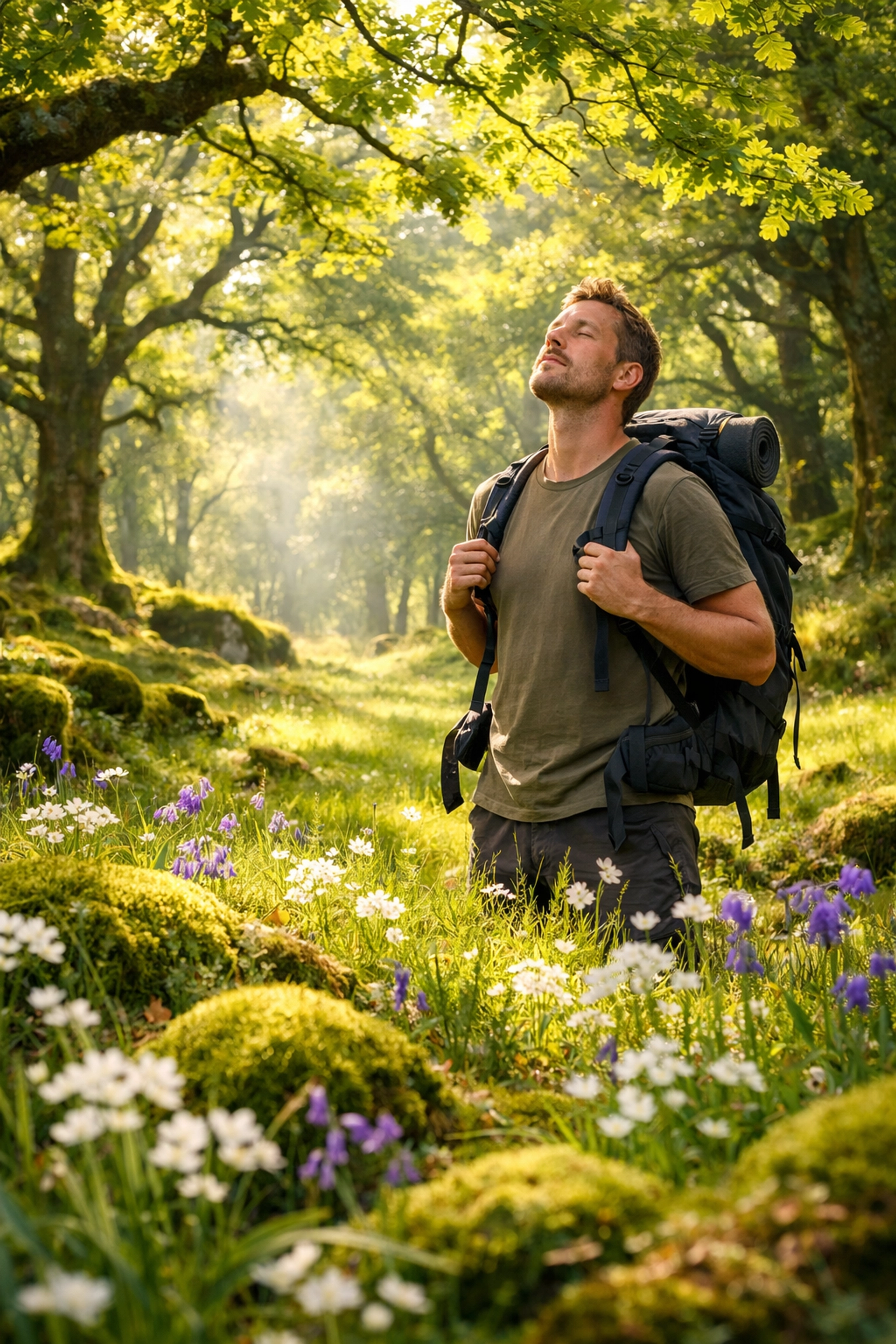 A hiker enjoying a peaceful moment in a sun-drenched UK woodland on a guided outdoor adventure tour.