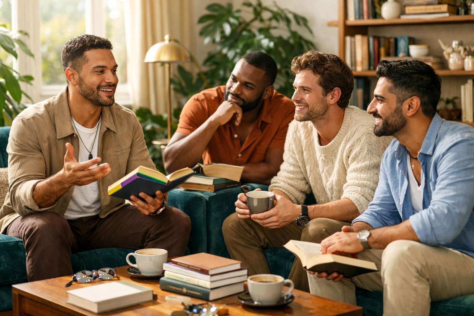 A diverse group of gay men bonding over books in a living room, symbolizing community and social hierarchy.