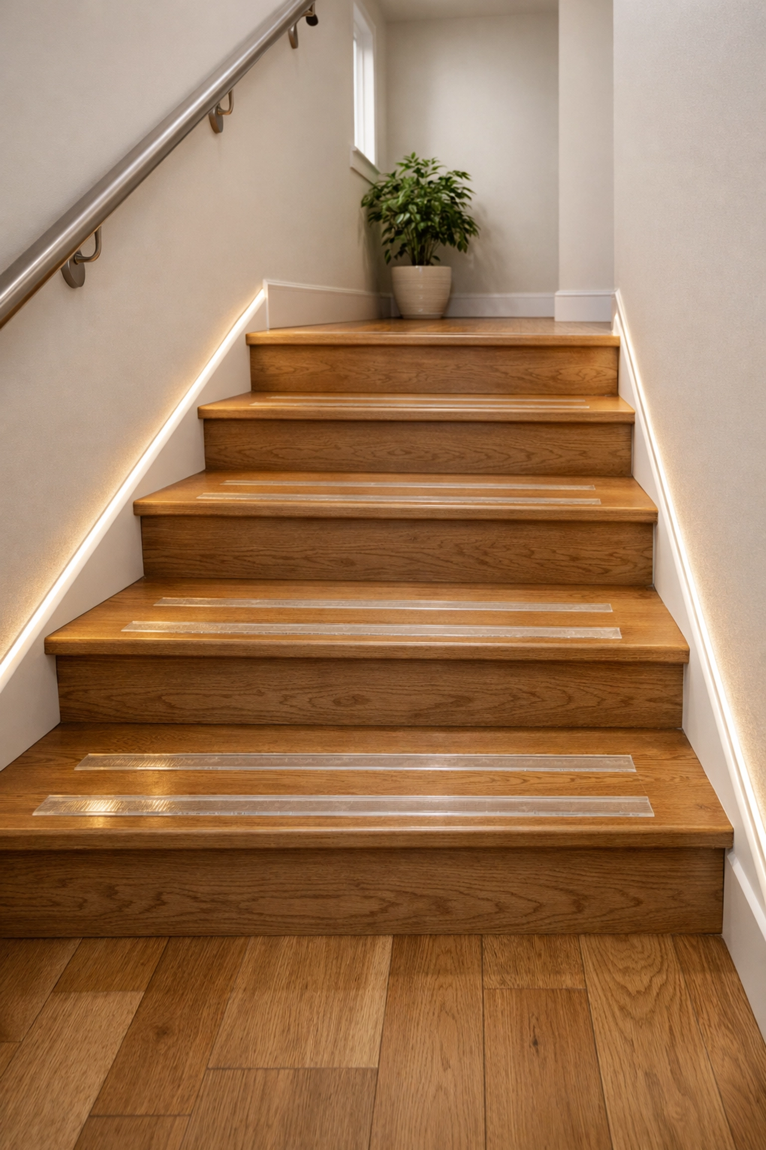 Safe wooden staircase featuring transparent non-slip treads and LED motion-sensor pathway lighting.