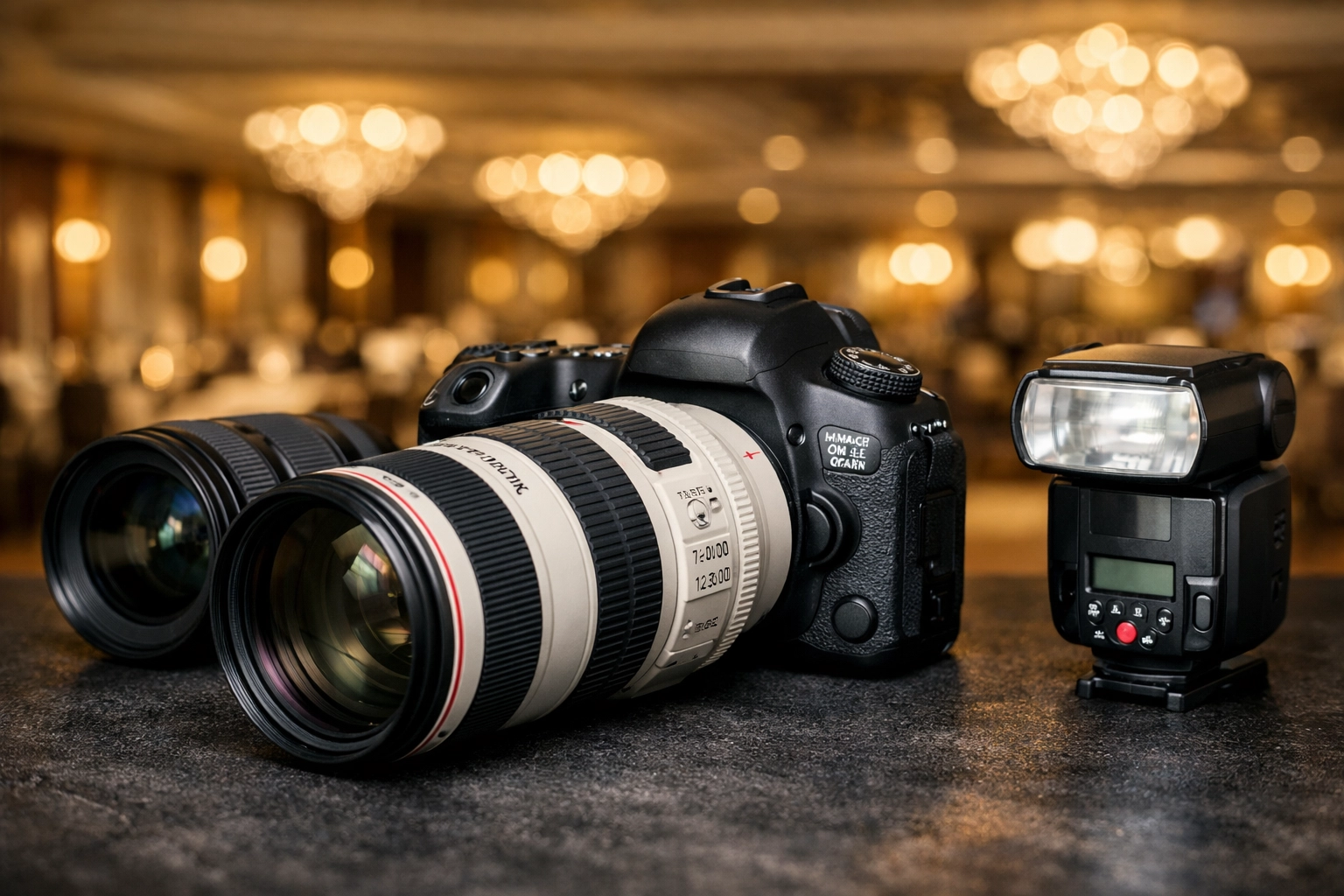 High-end camera equipment used by a Miami event photographer in a luxury ballroom setting.