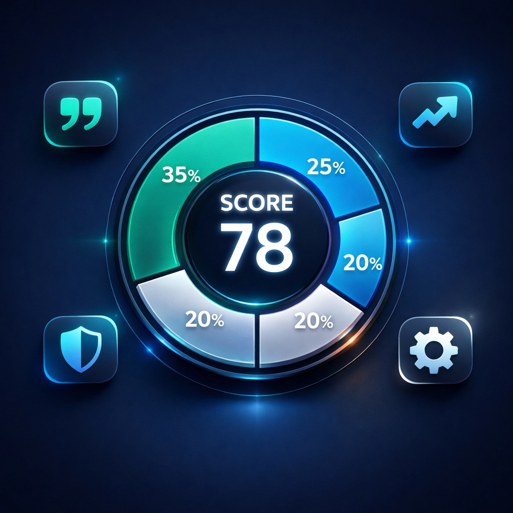 CiteMetrix ModelScore gauge displaying four weighted components: citations, brand demand, authority, and technical