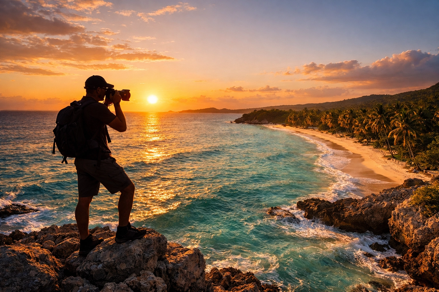 Travel photographer capturing the sunset in the Dominican Republic with a professional camera.