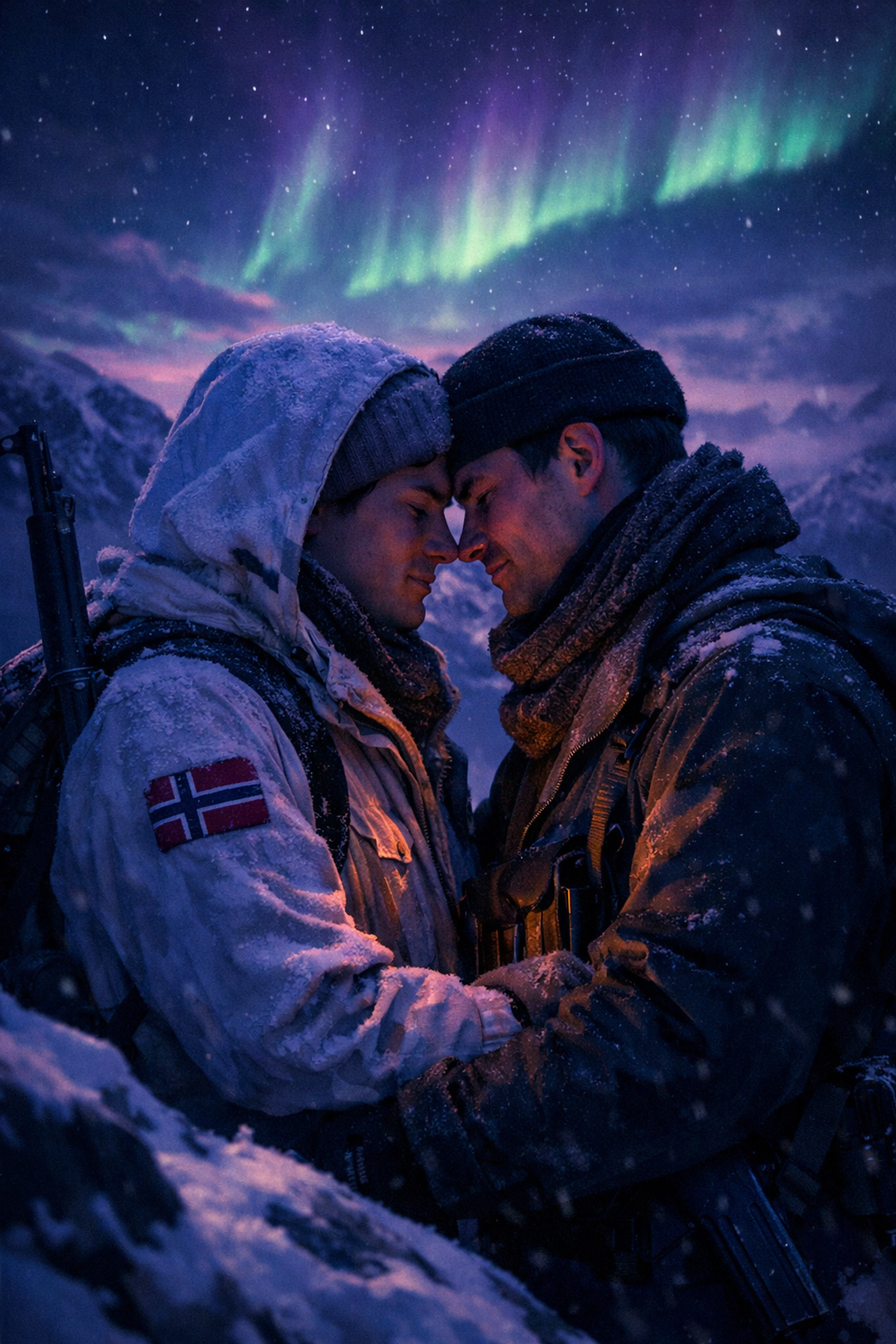 Norwegian resistance fighters bond on snowy mountain under Northern Lights during WWII