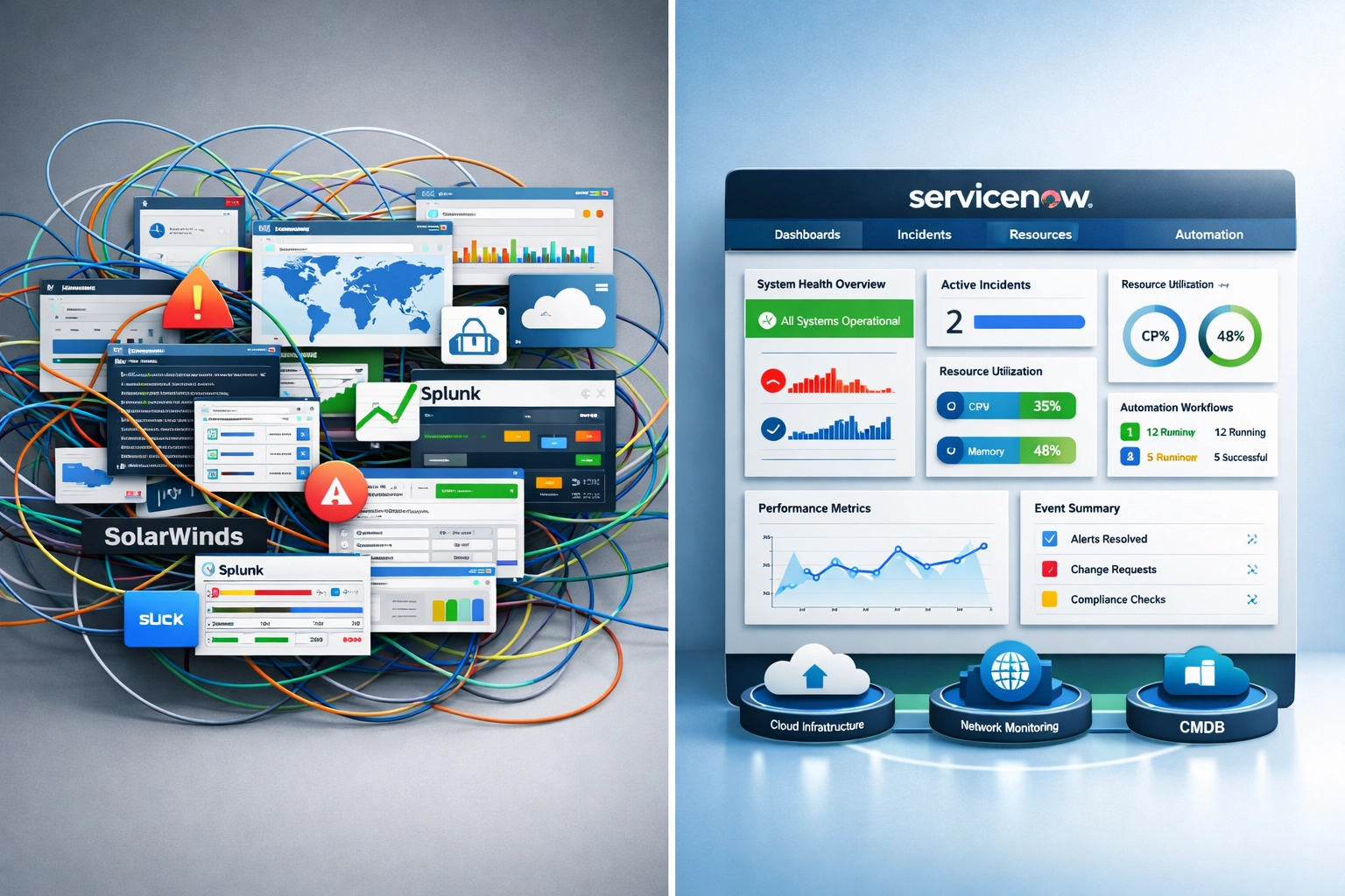 ServiceNow ITOM platform consolidating multiple monitoring tools