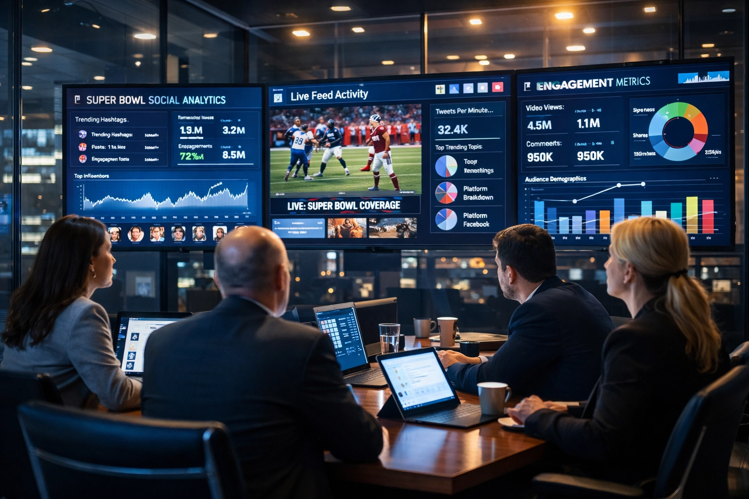 Super Bowl Brand Activation Secrets Revealed: How 7 Fortune 100 Companies Dominated Social Media Without Ads Corporate marketing team monitoring real-time Super Bowl social media analytics and engagement