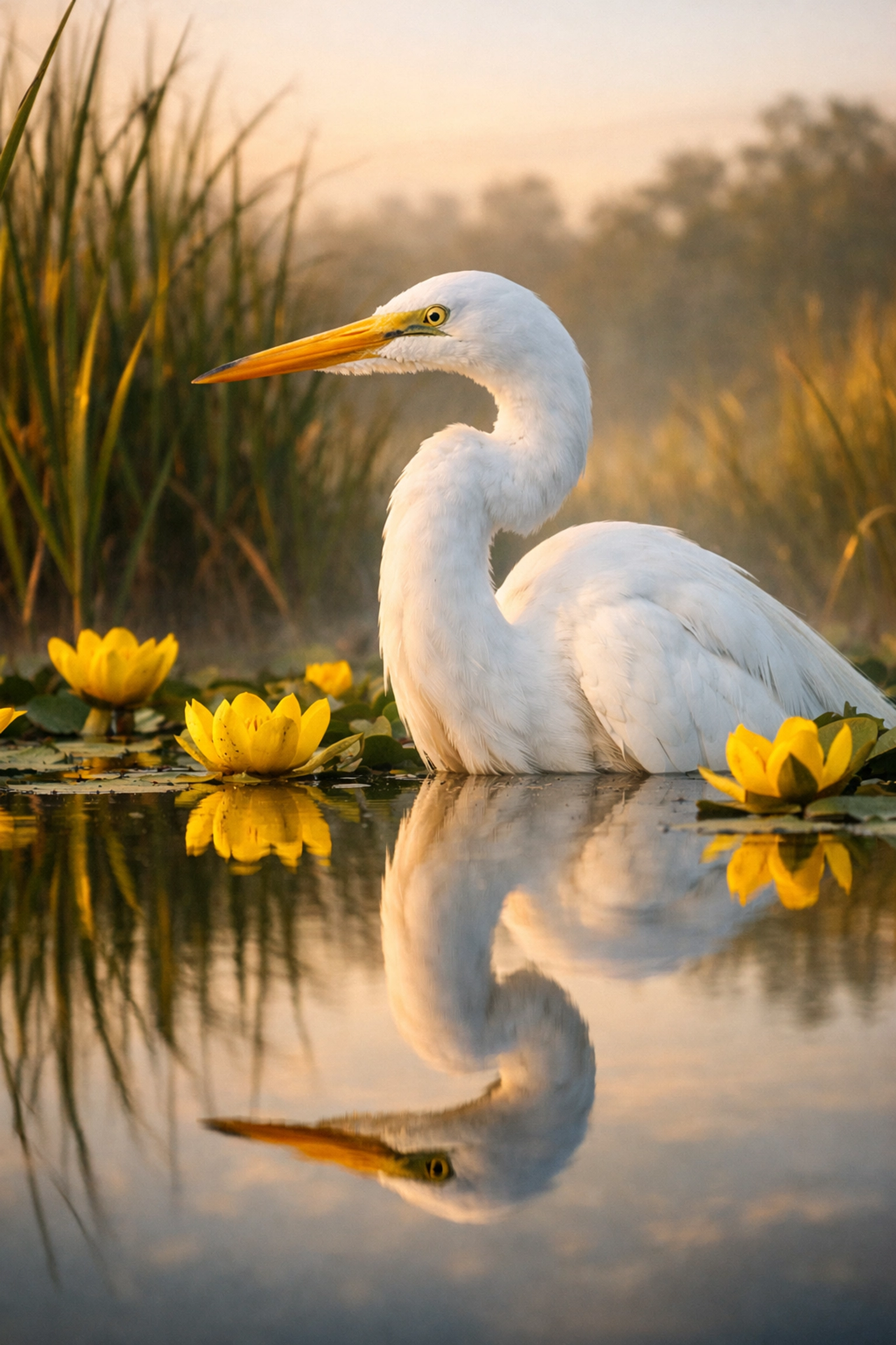 Low-angle Great Egret in lily-filled Everglades marsh at sunrise, strong wildlife composition