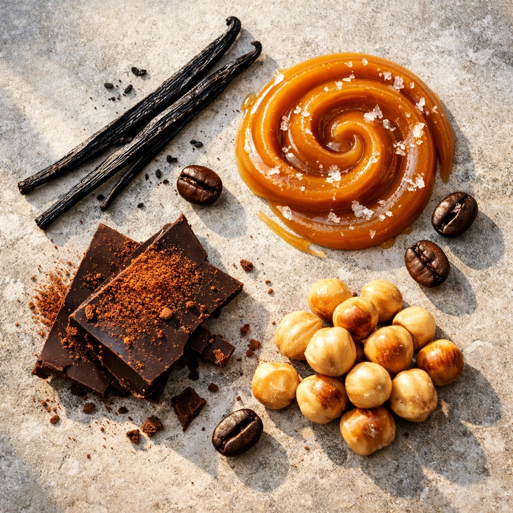 Artistic arrangement of vanilla, caramel, and chocolate flavors representing specialty coffee pod notes.