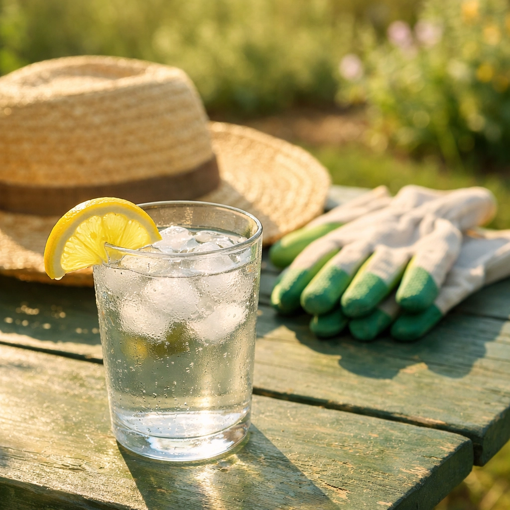 Glass of water on a garden table, symbolizing hydration and pacing to maintain balance.