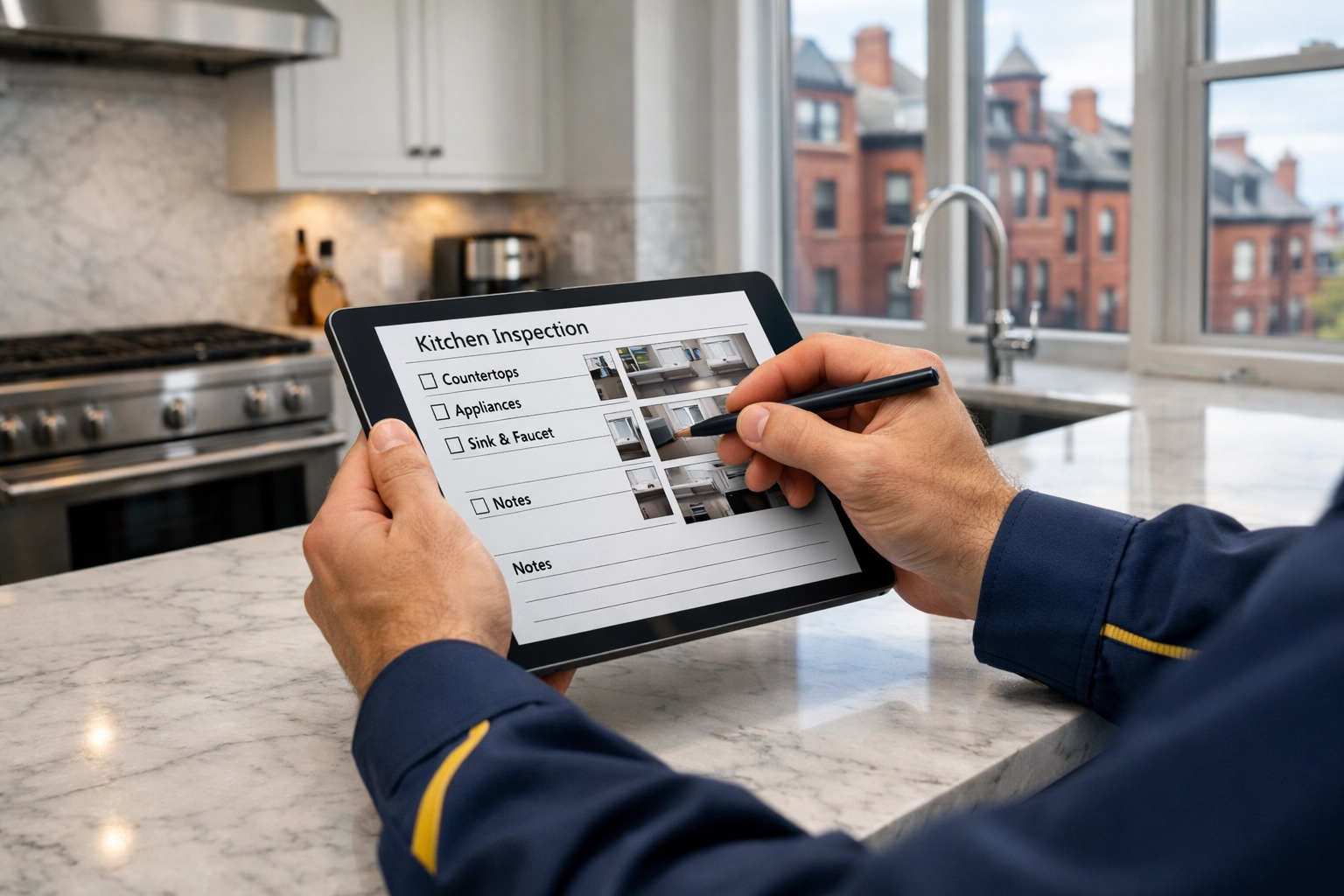 Professional documenting a kitchen inspection for a Boston apartment turnover using a digital tablet.