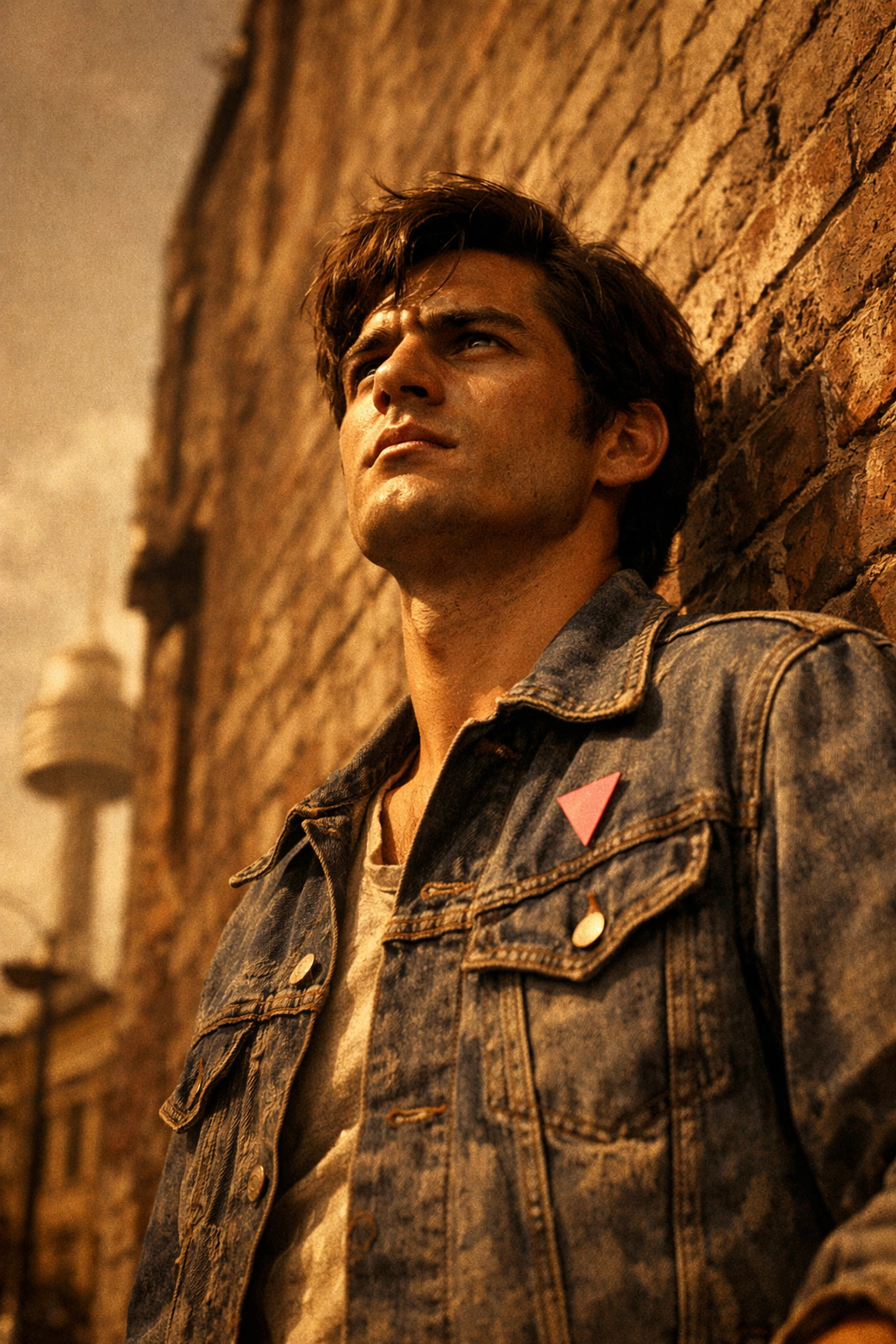 Defiant young gay man in 1970s Sydney wearing a pink triangle pin, representing early LGBTQ+ activism and pride.