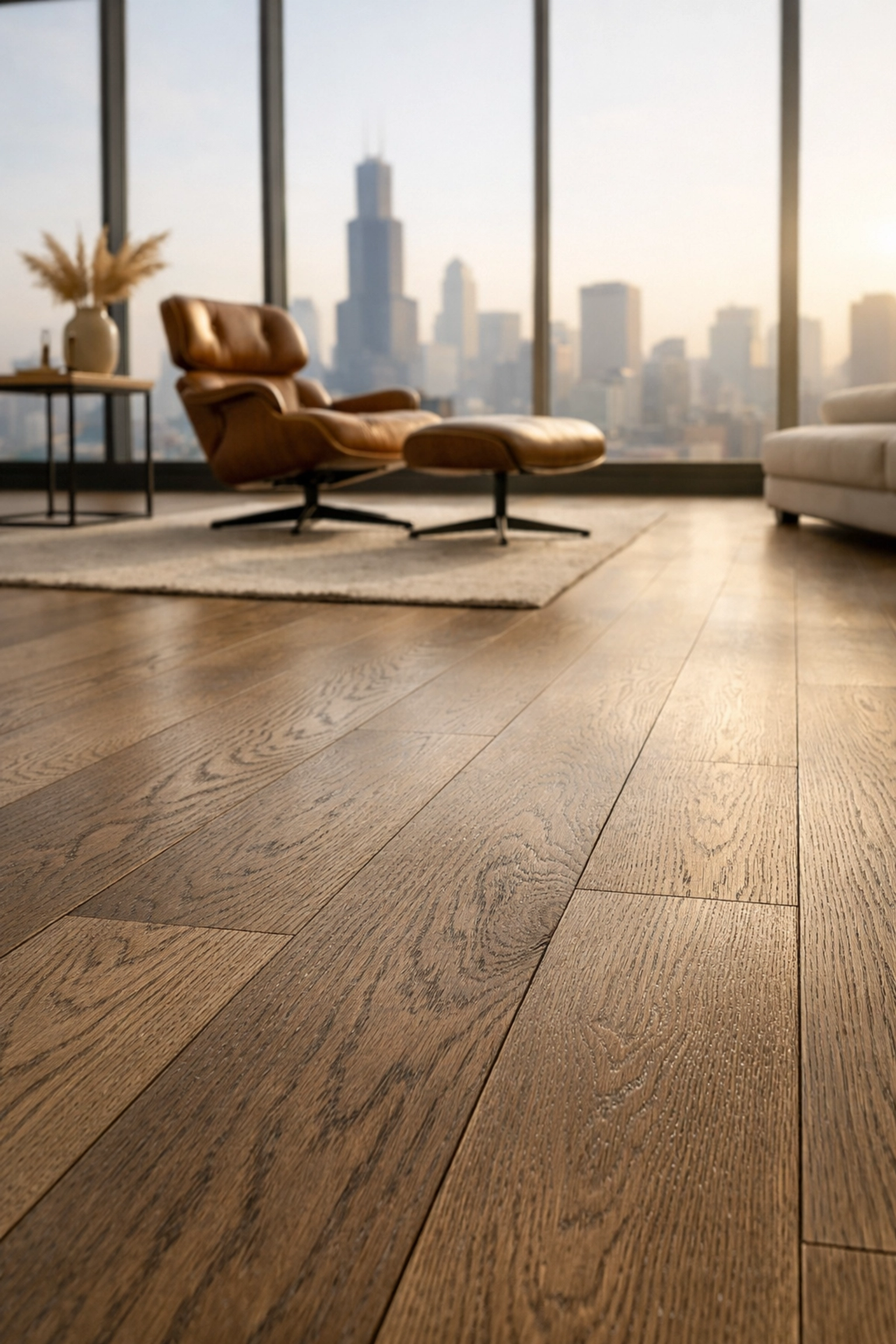 Modern Chicago loft featuring wide-plank White Oak hardwood flooring with a warm taupe stain and matte finish.