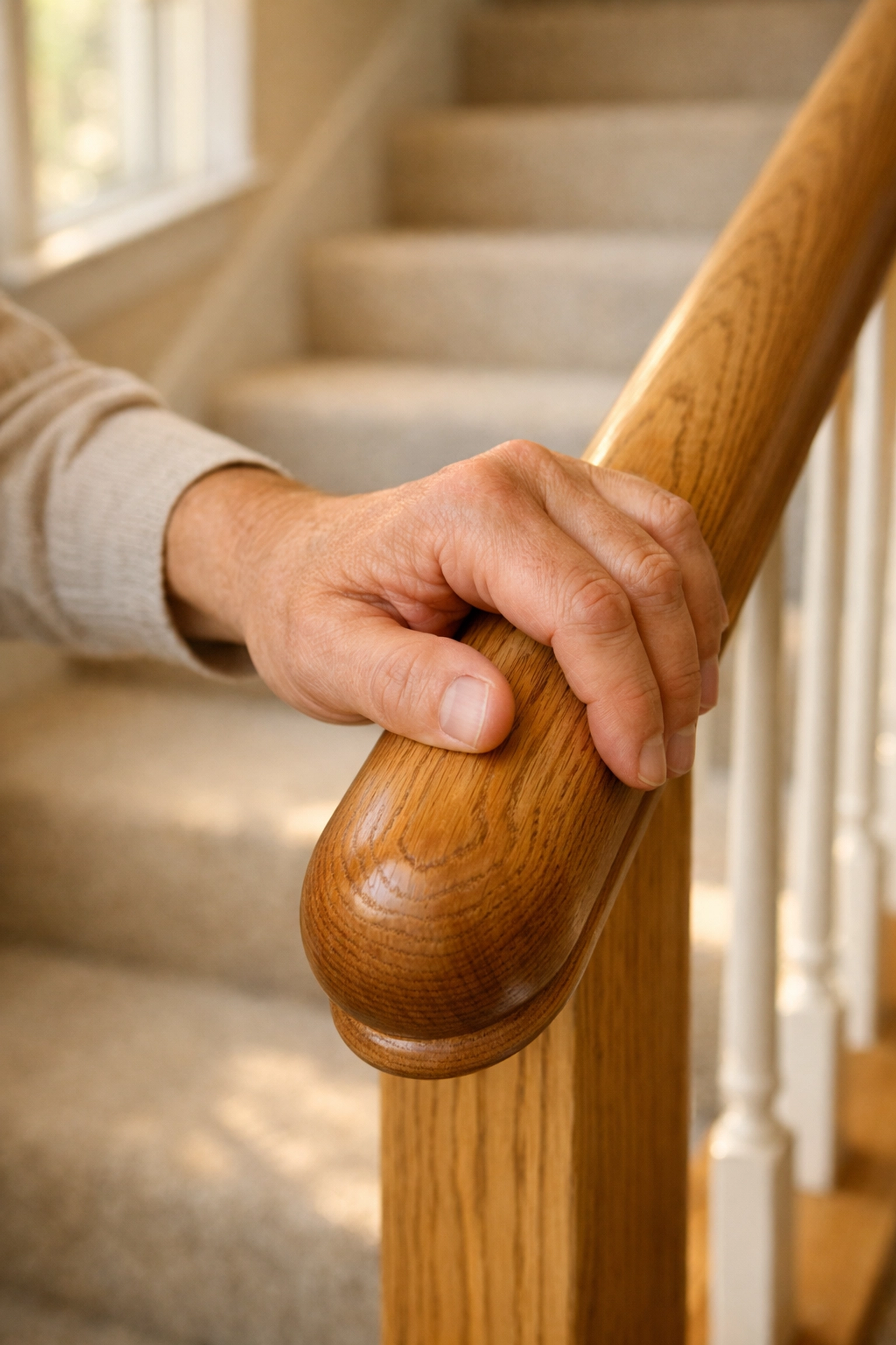 A hand firmly gripping a wooden handrail on a carpeted staircase for safety and stability.