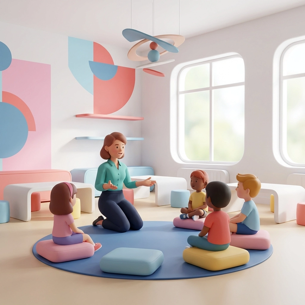 Female instructor teaching self-defence awareness to attentive children in a supportive classroom environment