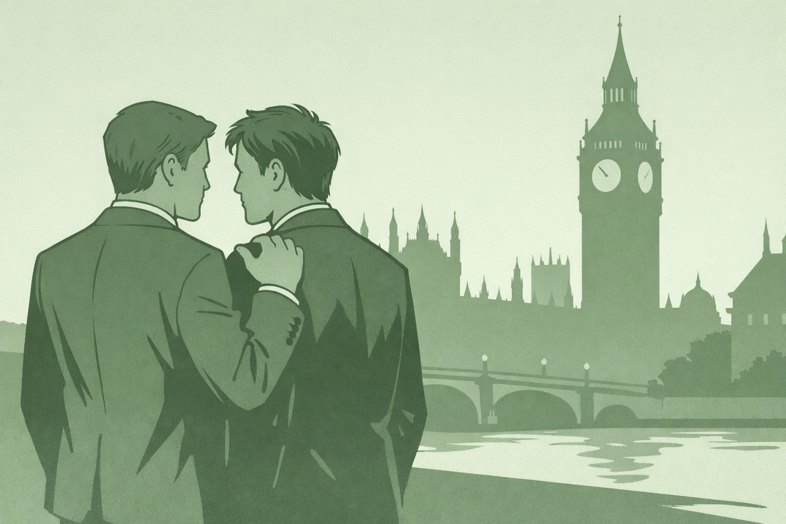 Two men in suits share intimate moment near Westminster Palace in MM political romance