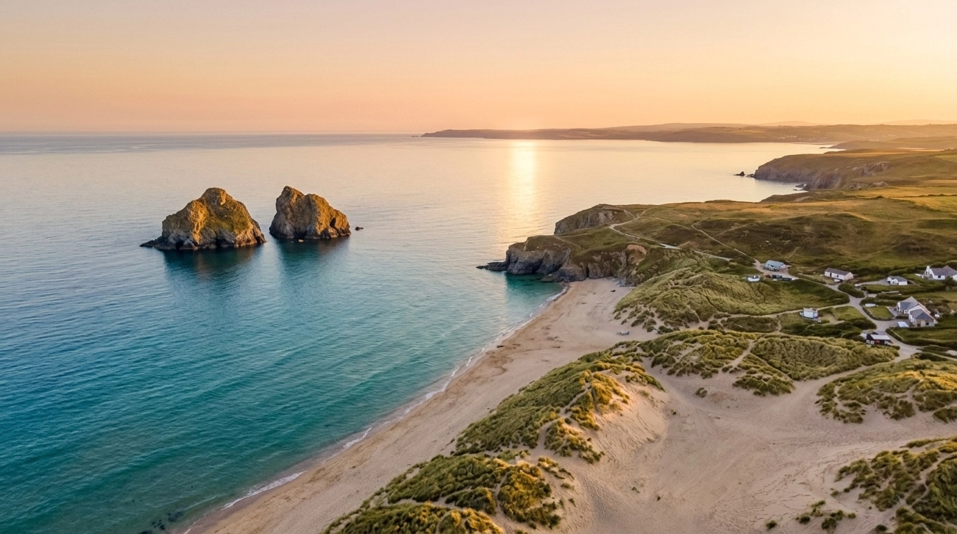 A professional aerial view of Holywell Bay in Cornwall, showing the iconic Gull Rocks twin islands in the sea and the vast sand dunes under a soft, golden sunset light.