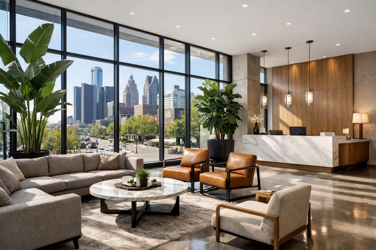 Modern Detroit apartment building lobby showing professional property management standards and regional scale.