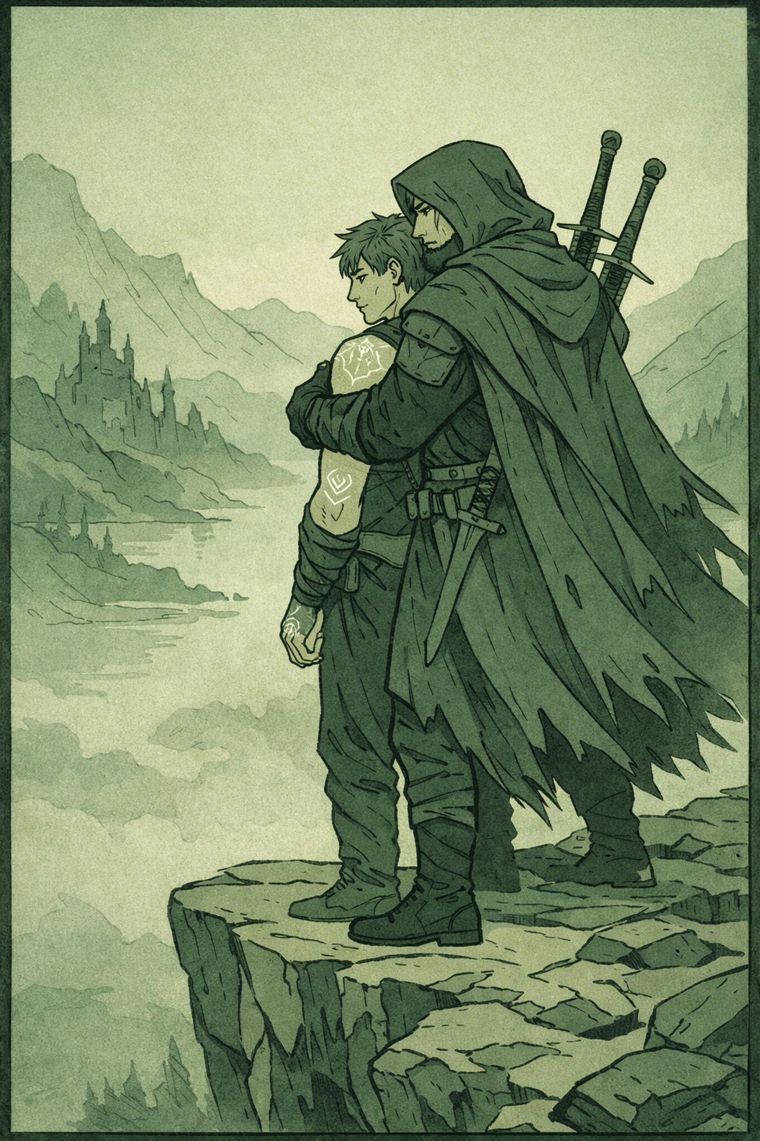Witcher protecting magical man on cliff edge in gay fantasy romance illustration