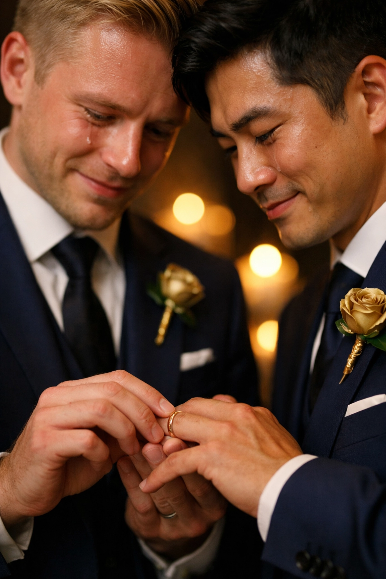 Gay couple exchanging wedding rings during marriage ceremony in Stockholm church