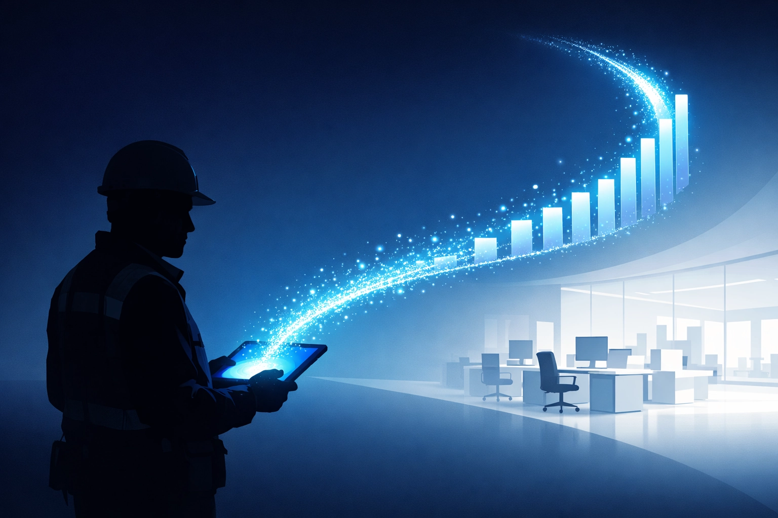 Field-to-office workflow showing technician data transforming into business revenue assets.