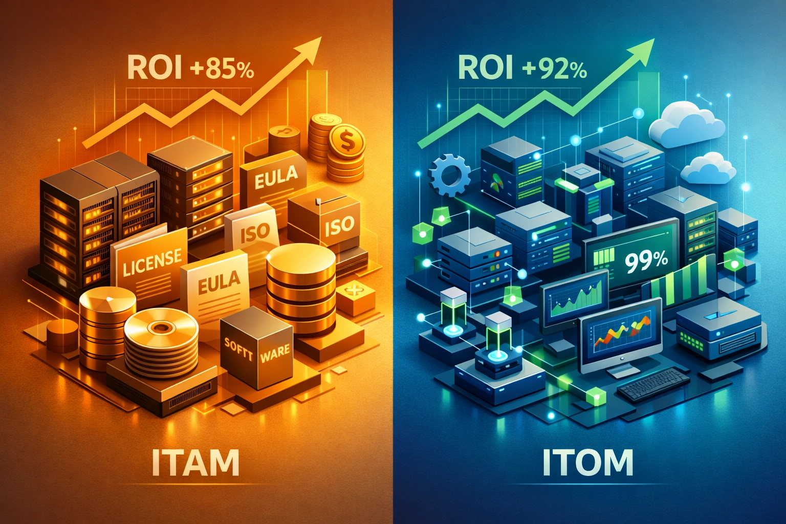 ITAM vs ITOM ROI comparison showing software assets and operational infrastructure metrics
