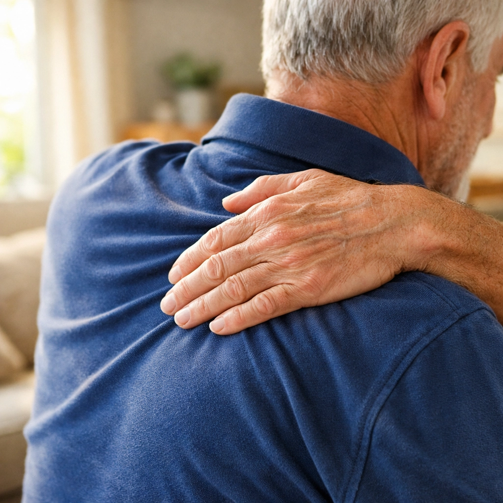 Senior man doing shoulder blade stretch to improve upper body mobility