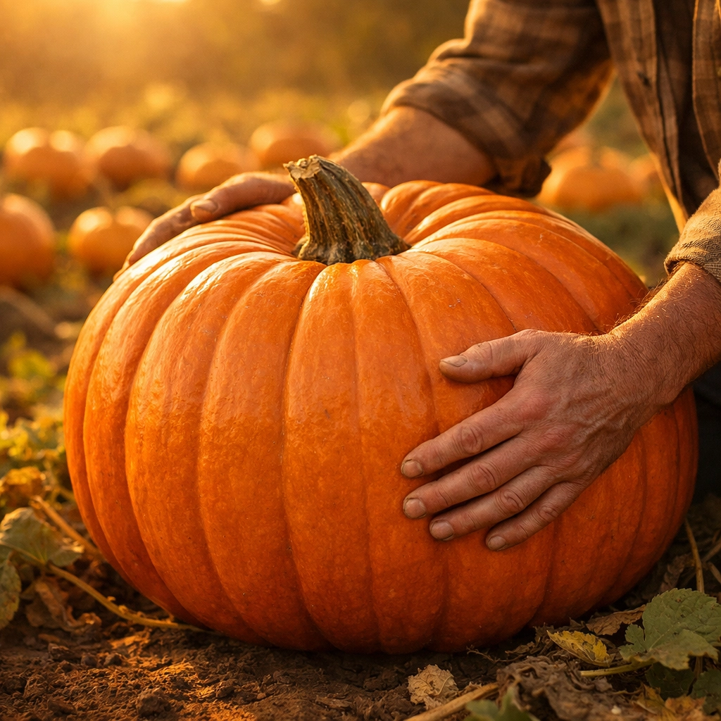 Farmer selecting prize-winning pumpkin demonstrating Pumpkin Plan framework for MSP client focus