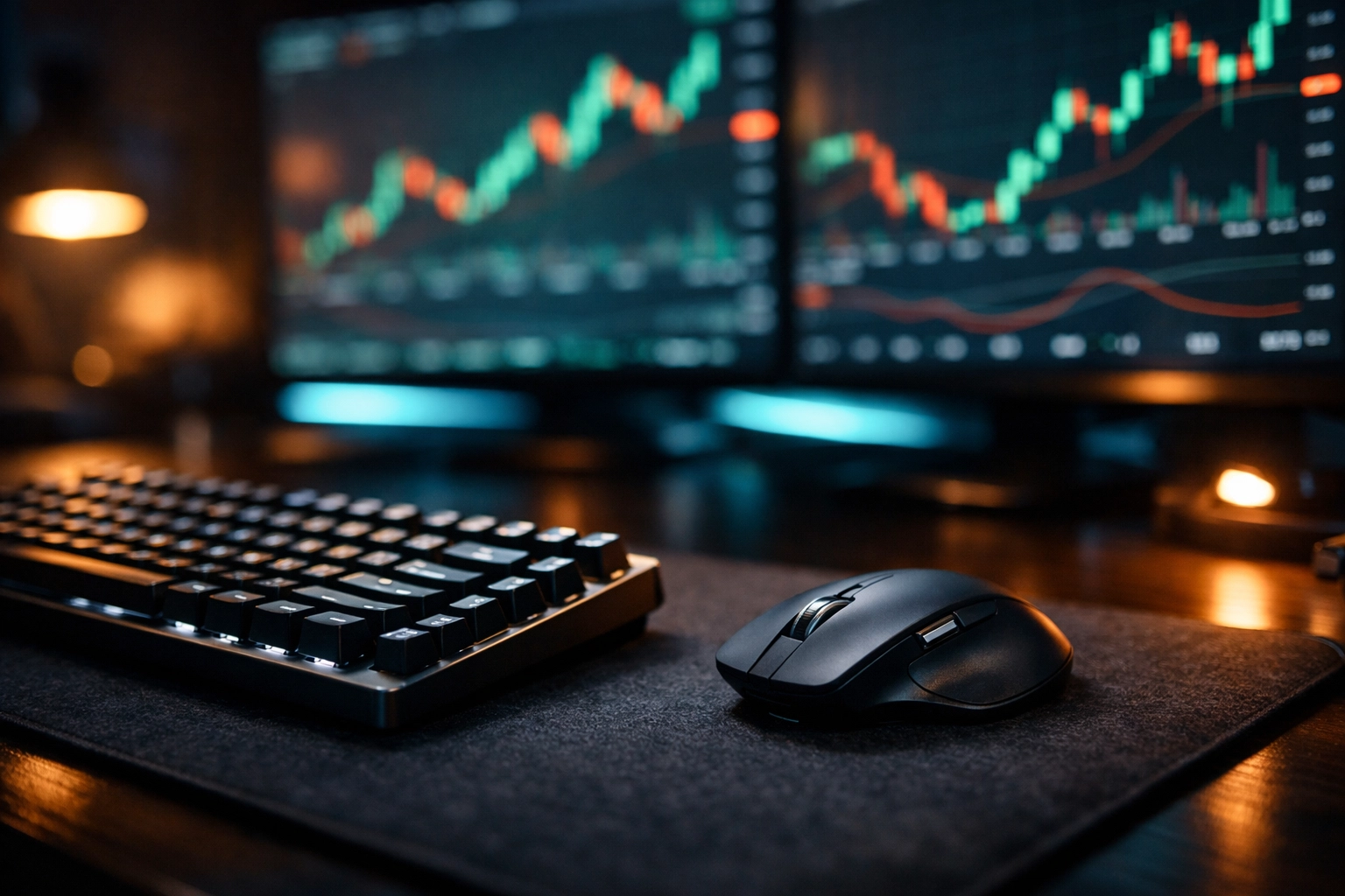 Professional crypto trading workspace with candlestick charts on multiple monitors at night.
