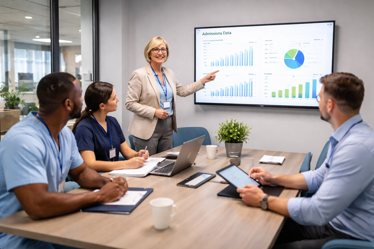 Diverse admissions team receiving training in a skilled nursing facility on streamlining veteran referral and DD214 verification workflows.