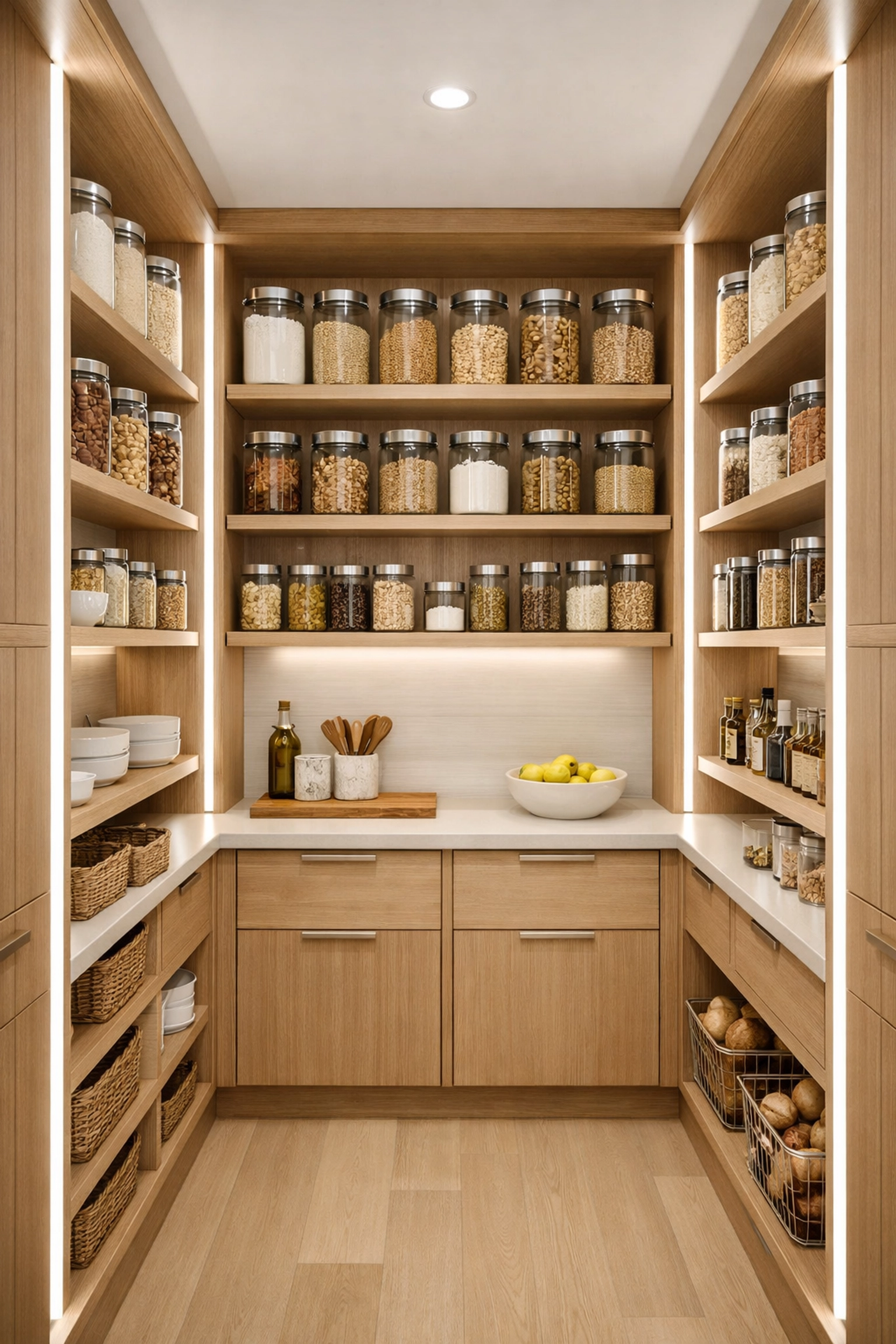 Modern walk-in pantry featuring vertical linear LED channels integrated into light oak cabinetry.