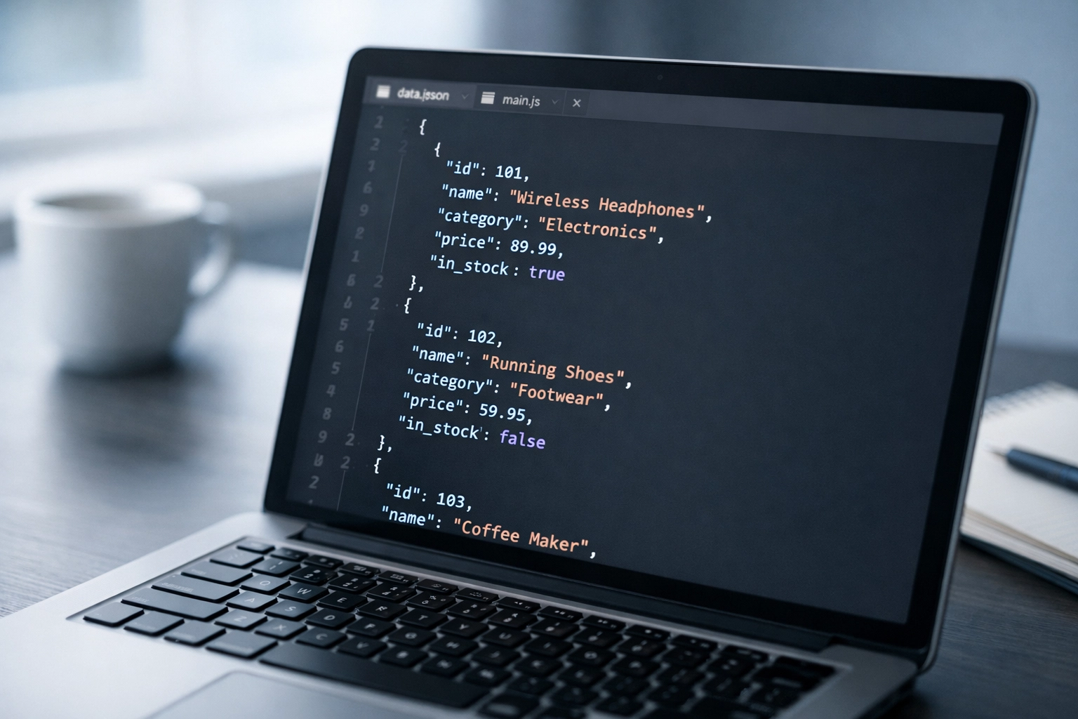 Structured product data JSON code displayed on laptop for AI shopping agent optimization