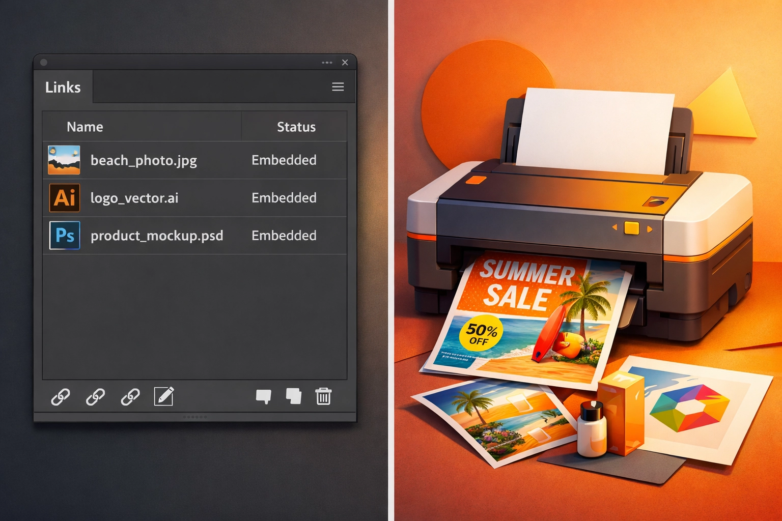 Adobe Illustrator Links panel showing embedded images for print production