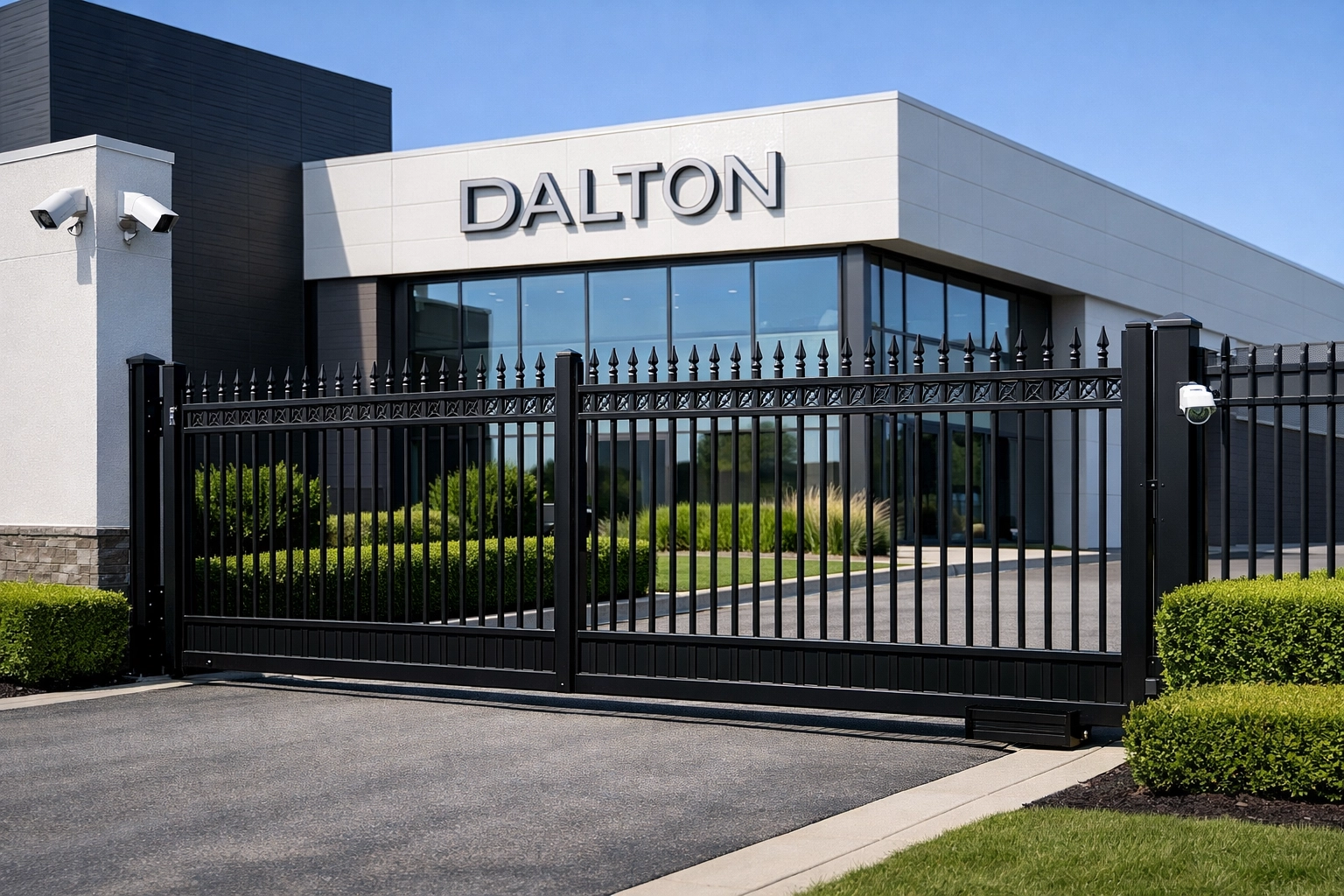 Modern business with ornamental aluminum security fence and automated gate system