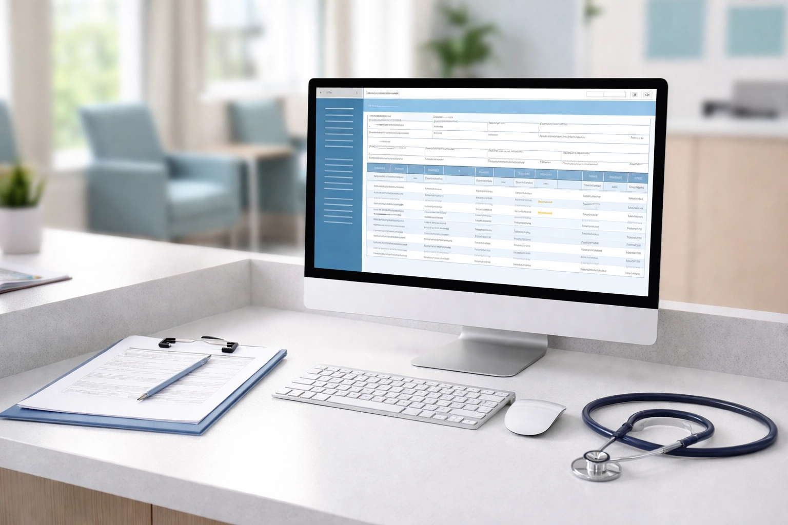 Modern medical office reception desk with billing software and insurance claim forms