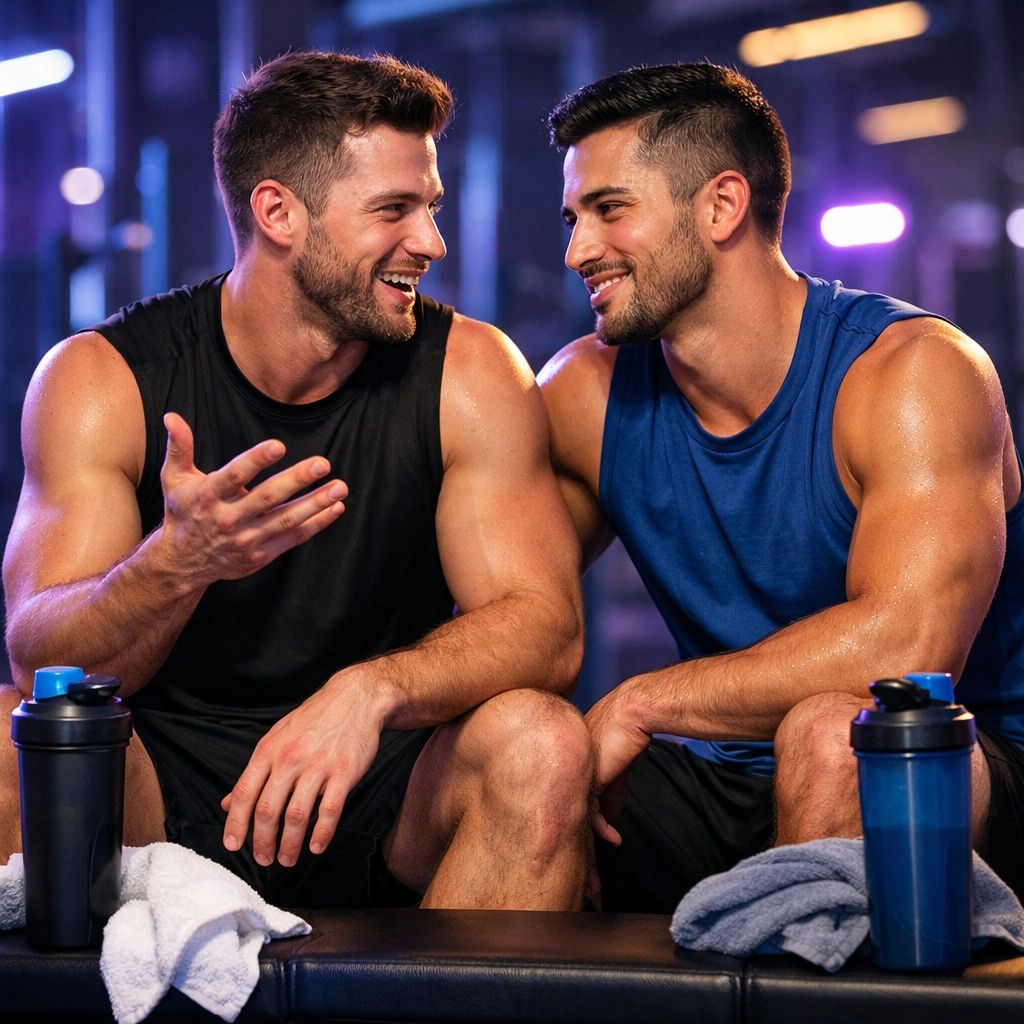 Gay gym buddies in deep conversation after workout demonstrating slow burn MM romance