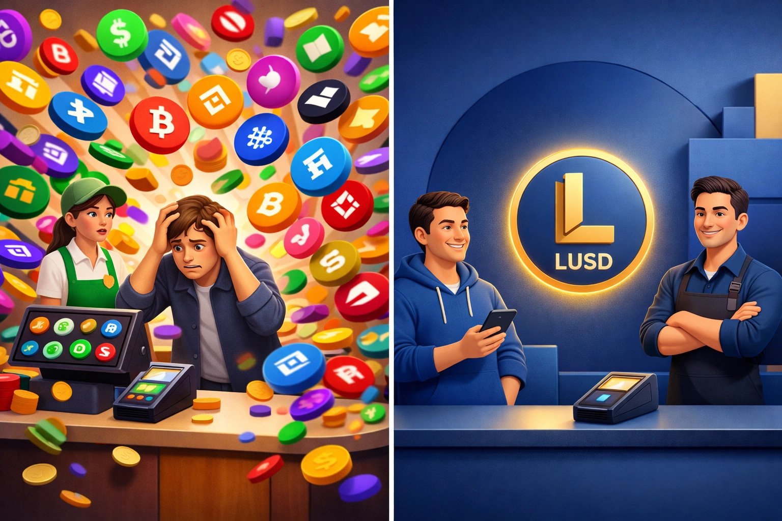 LUSD stablecoin payment simplicity versus overwhelming multi-cryptocurrency checkout confusion