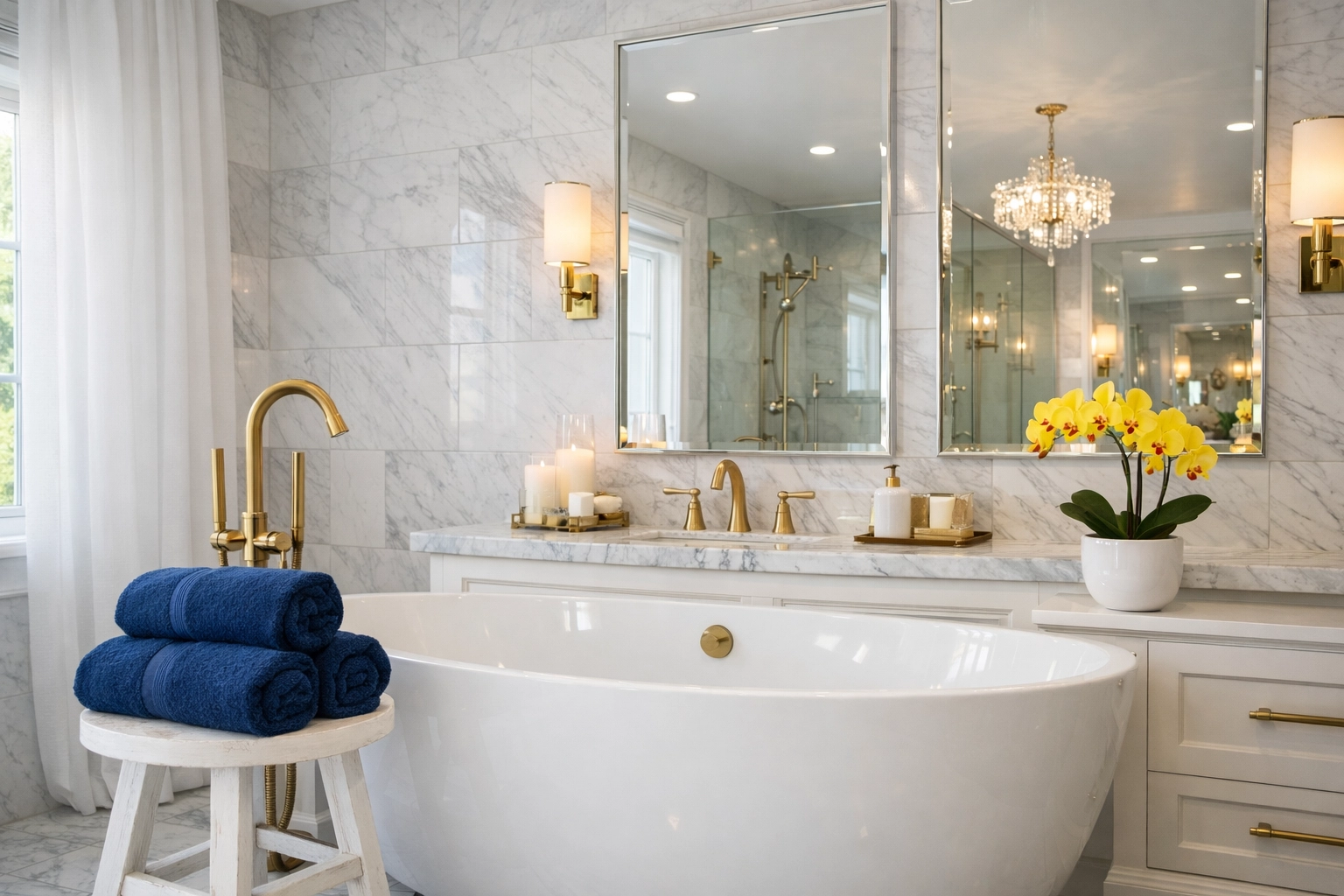Luxury spa bathroom with streak-free mirrors following a detailed residential cleaning Massachusetts session.