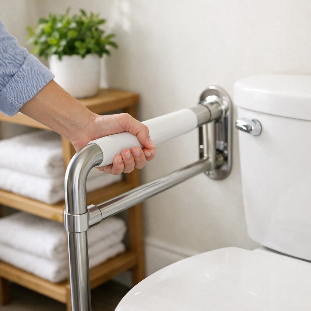 A person checking the stability of a bathroom safety rail mounted next to a toilet for regular maintenance.