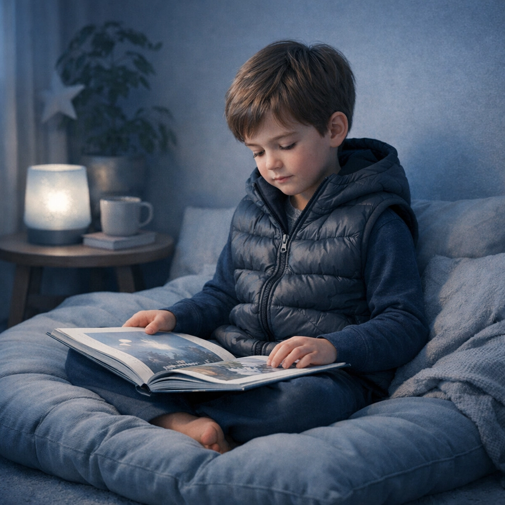 Boy sitting comfortably in a stylish weighted vest providing deep pressure for focus and calm.