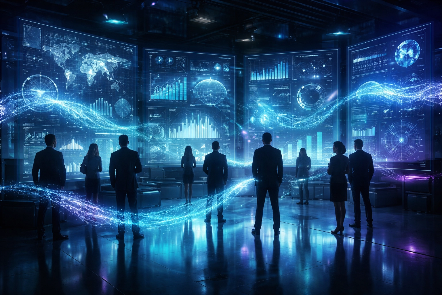 Business leaders collaborating on cybersecurity risk assessment strategies using advanced data visualizations