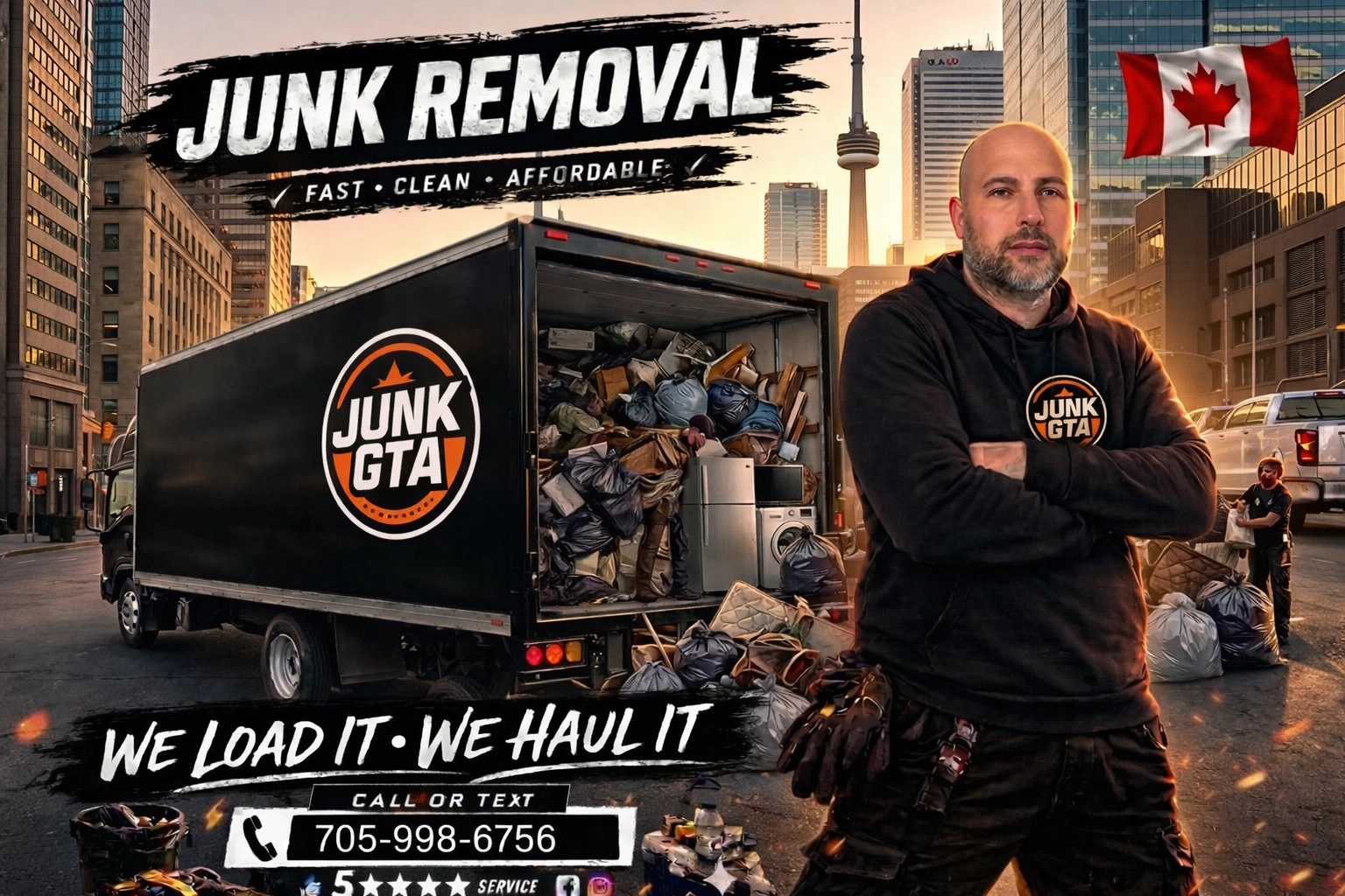 Junk GTA team member standing in front of a fully loaded junk removal truck