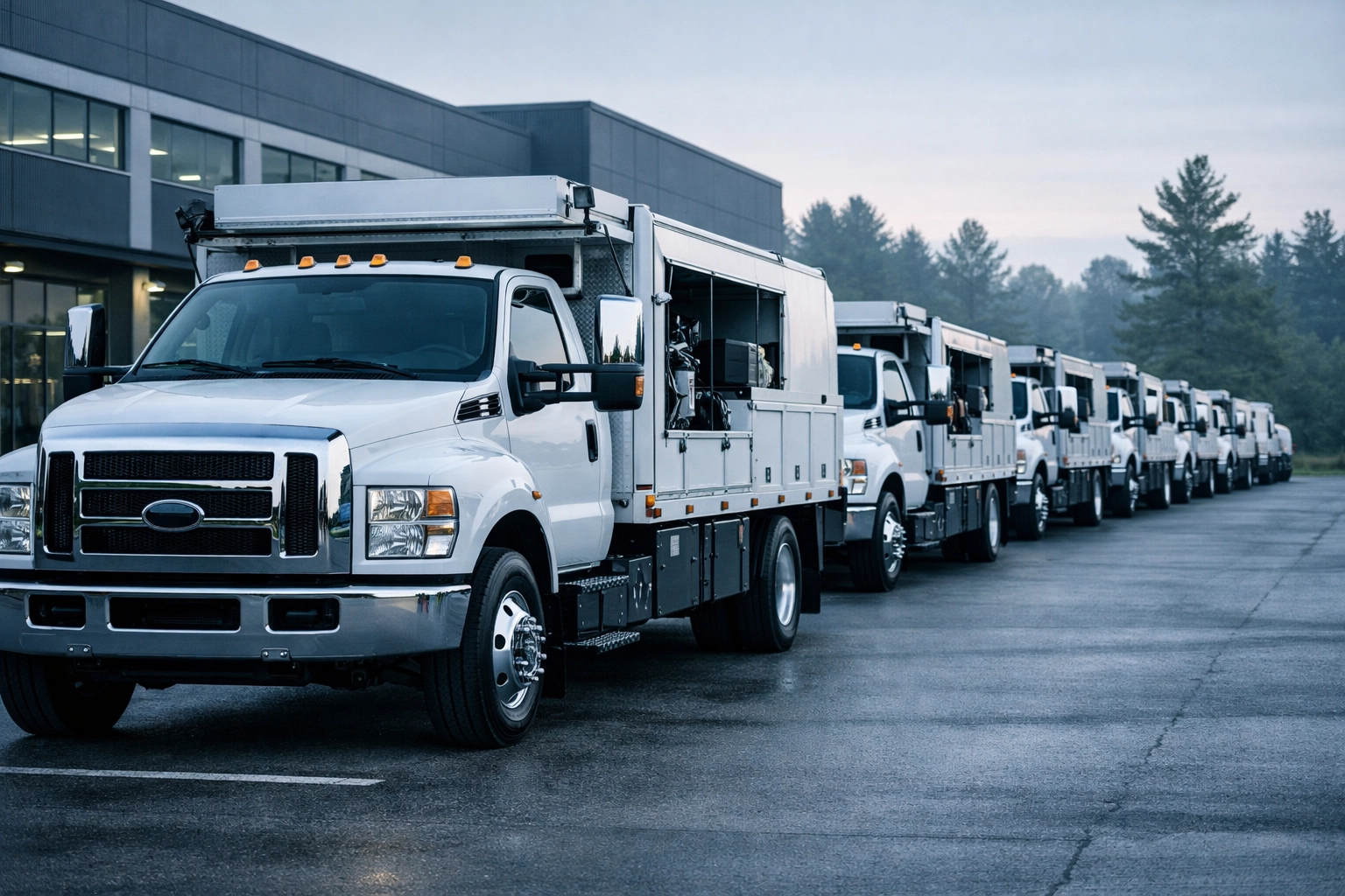 Fleet of professional landscaping trucks representing a scalable NC business for sale.