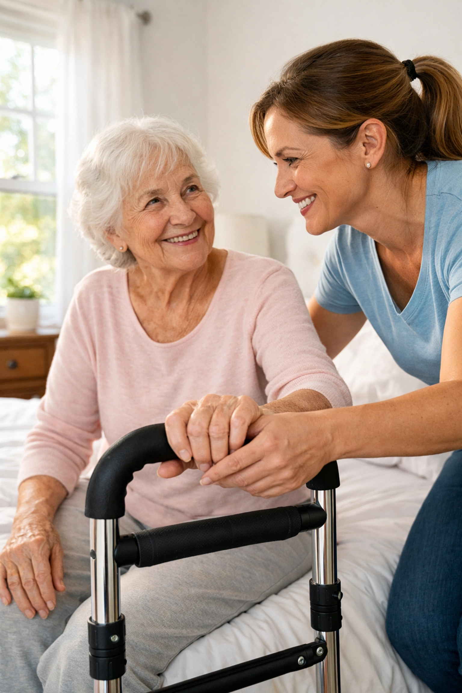 Caregiver demonstrating how to properly use a bed rail to a senior for safe bedroom mobility.