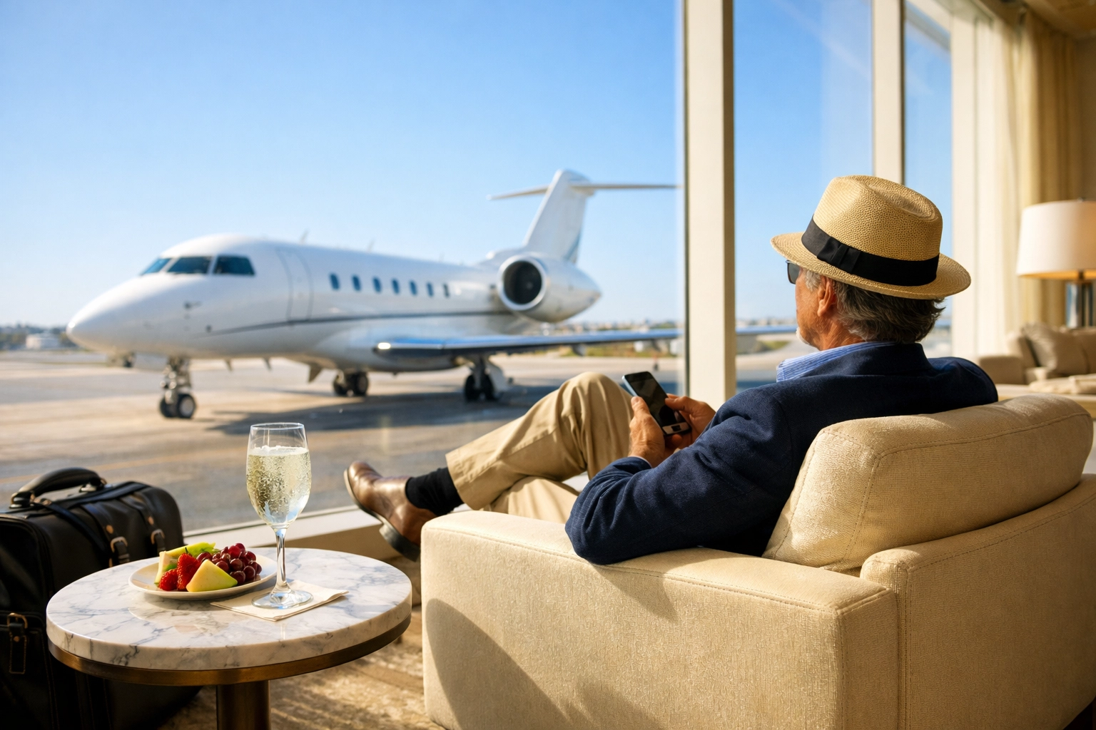 Relaxed traveler in a modern airport lounge overlooking a jet, emphasizing the value of stress-free travel.