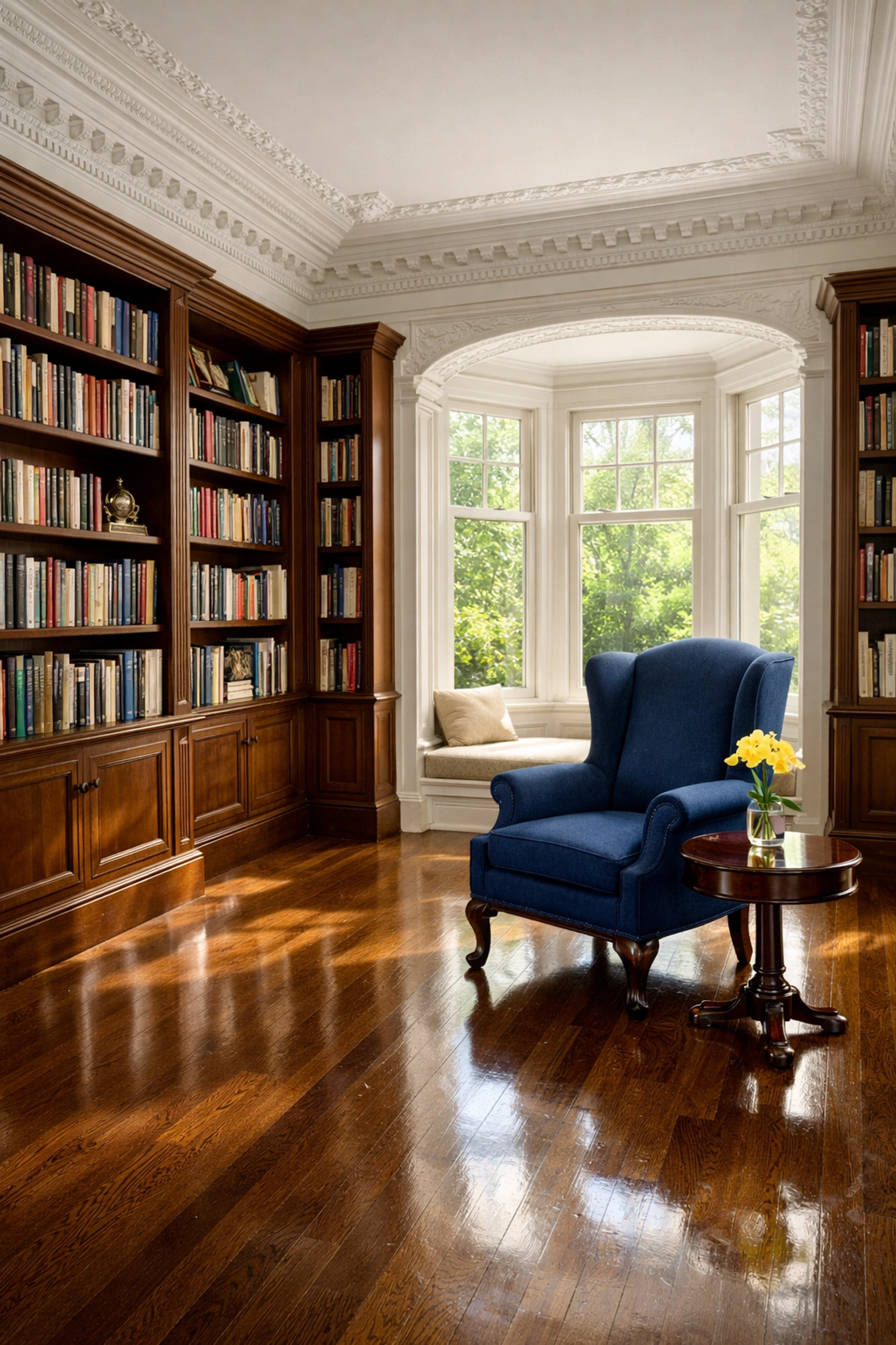 Spotless historic West Cambridge library showing the premium standard of house cleaning Cambridge MA.