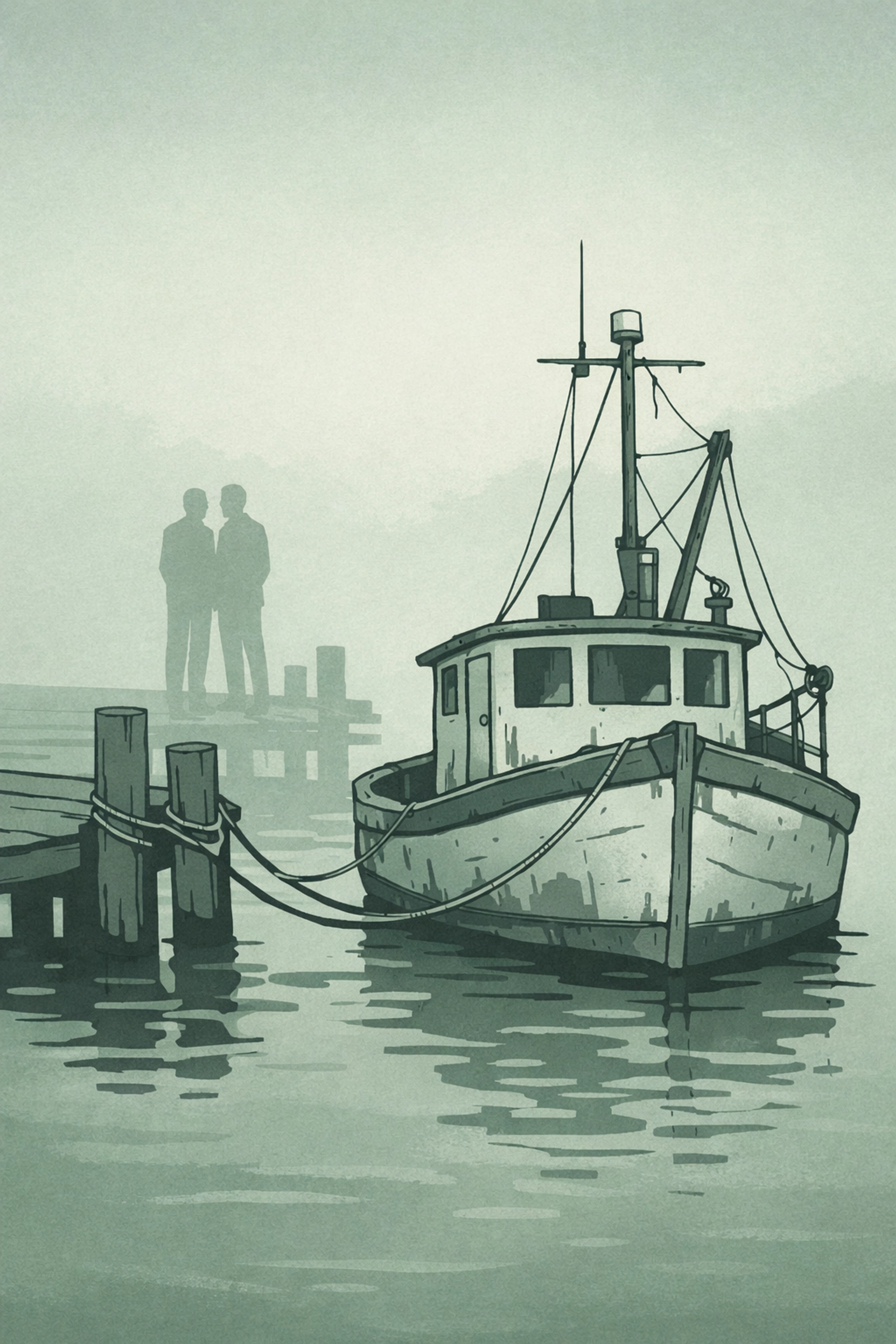 Fishing boat in fog with hidden MM romance on coastal dock