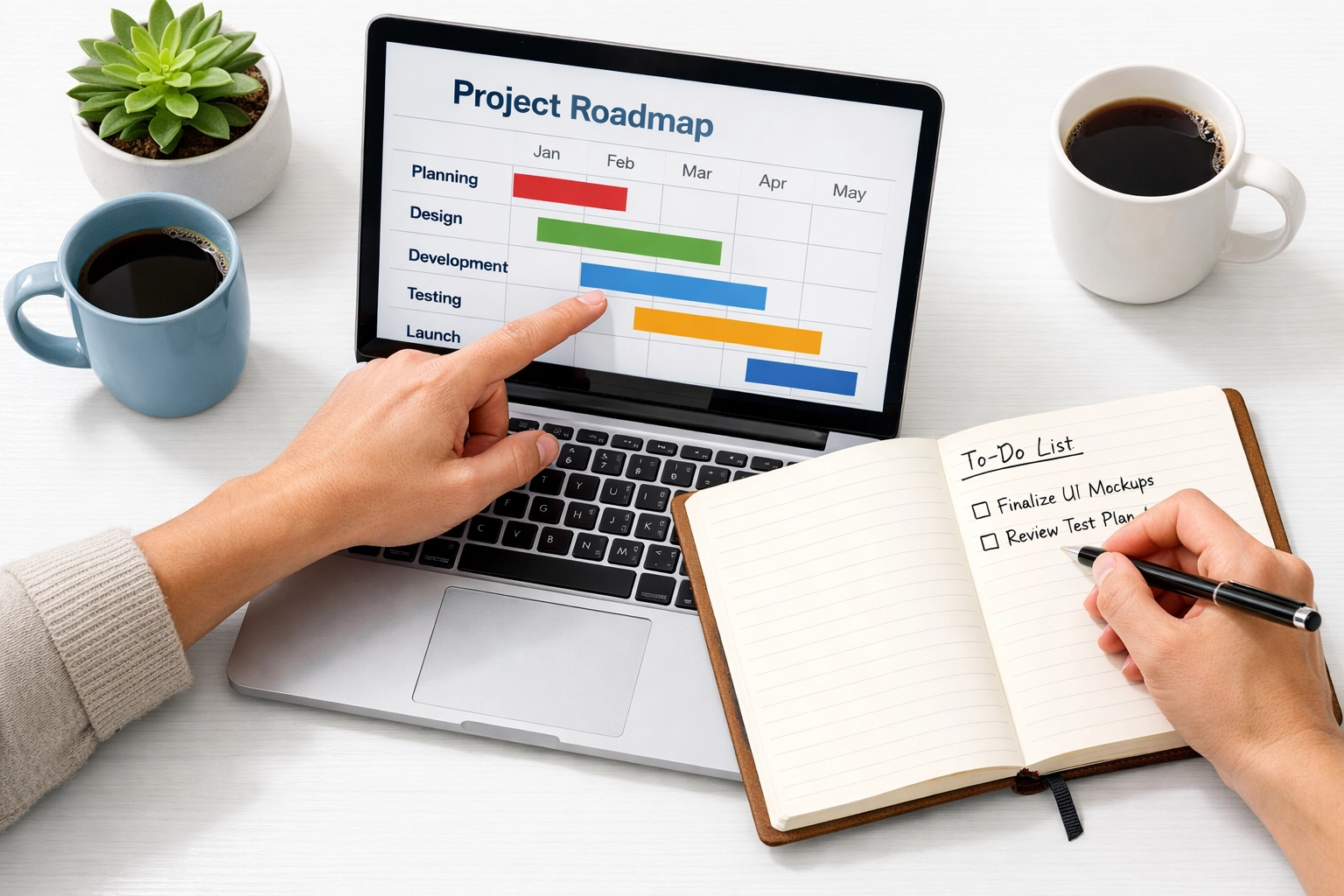 Collaborative team reviewing a ServiceNow implementation roadmap and digital workflow strategy at a desk.