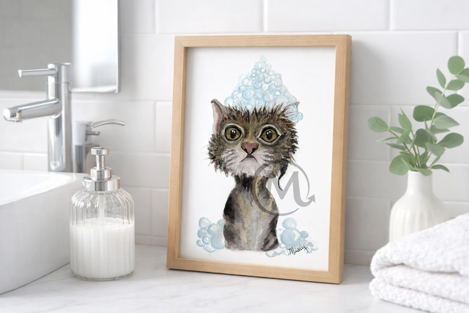 Tabby kitten print mockup in a bathroom setting