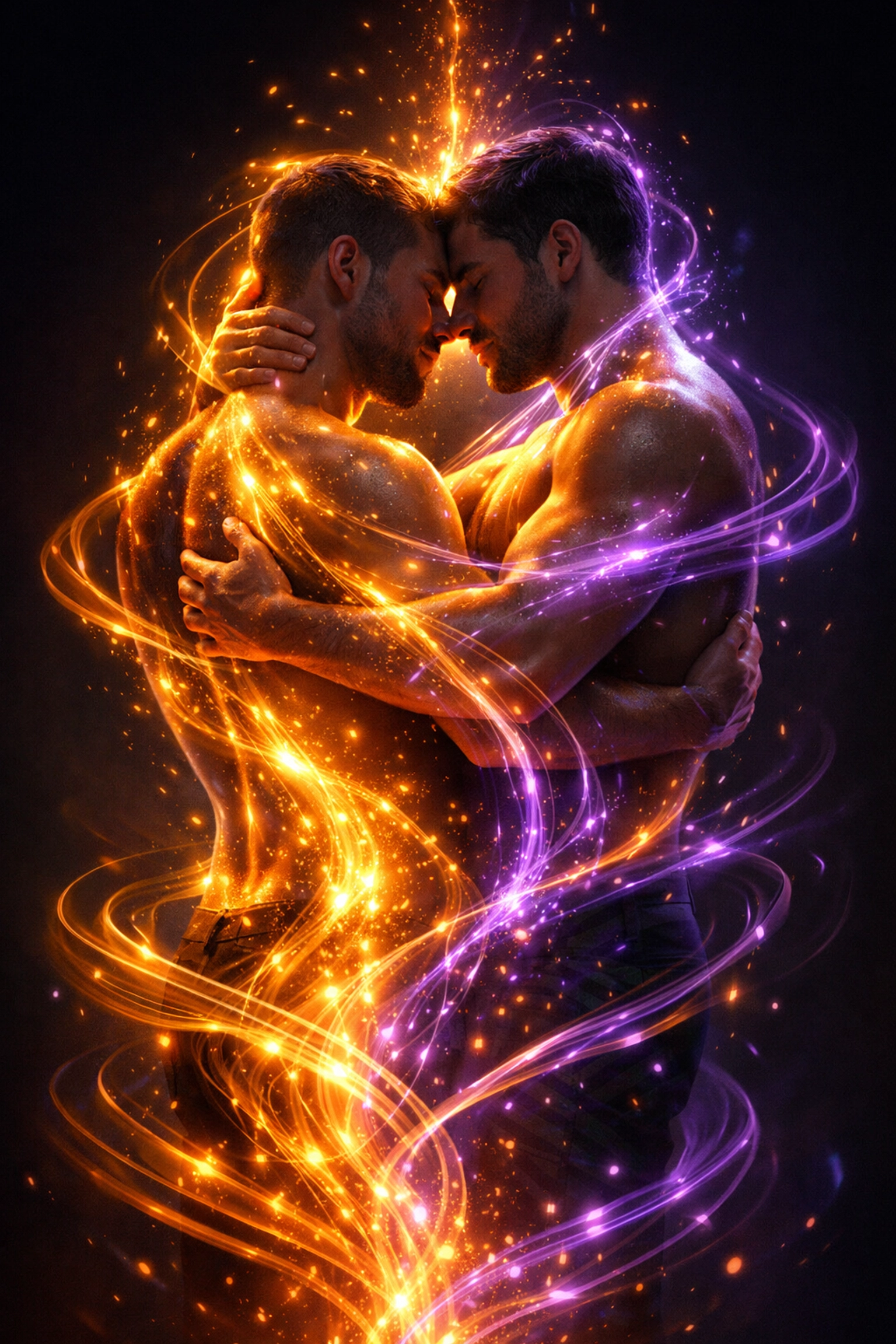 Tantric energy circulation visualization between two men in intimate connection